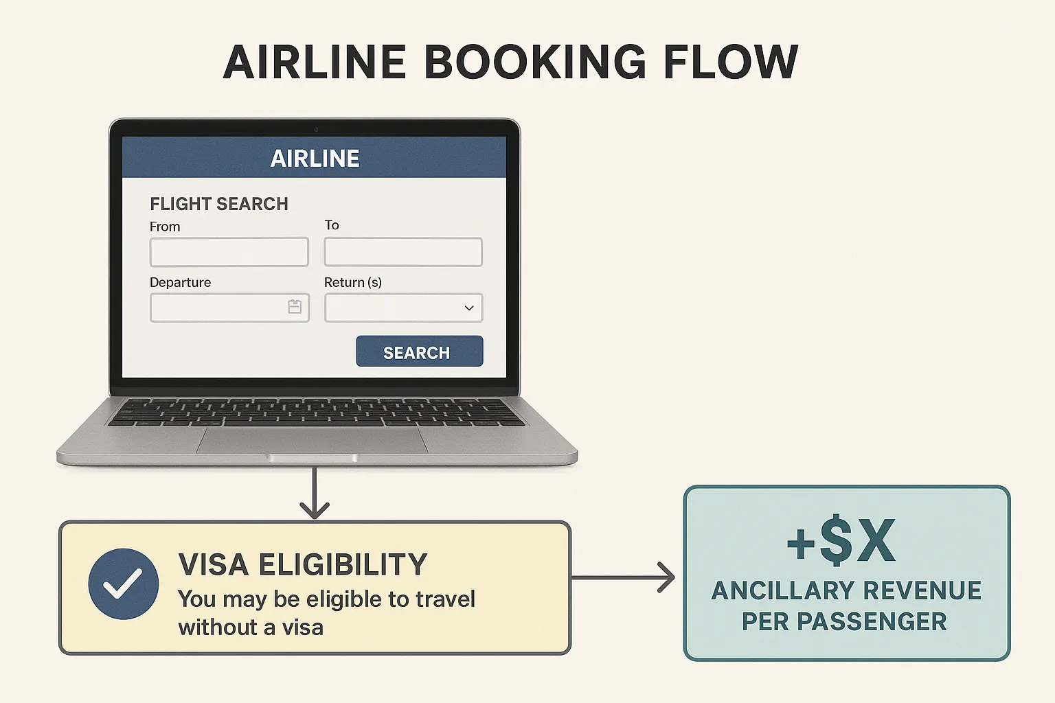 Infographic showing an airline booking flow with an embedded visa eligibility banner, highlighting bump in ancillary revenue per passenger.