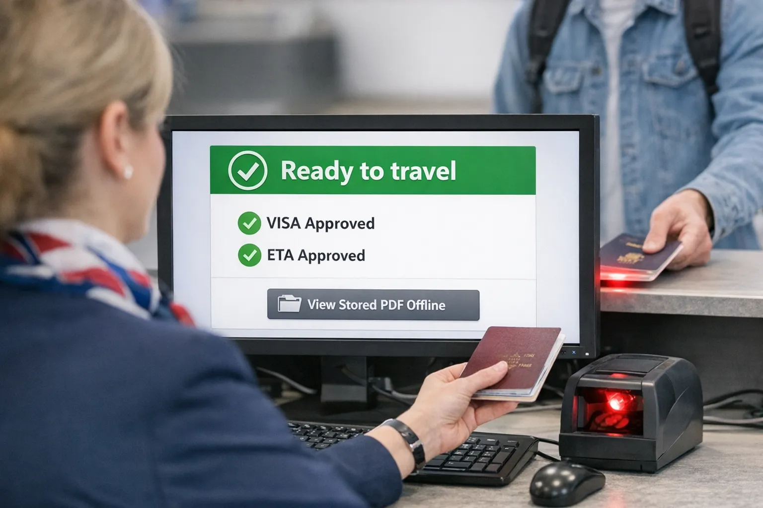 Check-in agent scans a traveler’s passport and sees a simple green “Ready to travel” badge with visa and ETA approvals confirmed, along with a fallback button to view the stored PDF offline.