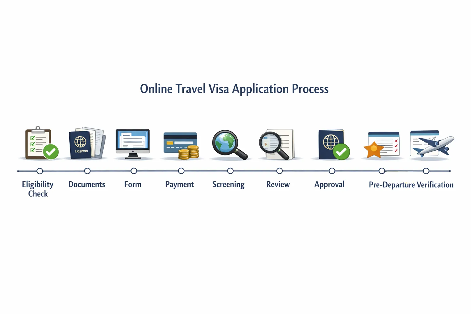 A simple horizontal timeline infographic of an online travel visa application with eight labeled steps: eligibility check, documents, form, payment, screening, review, approval, and pre-departure verification.