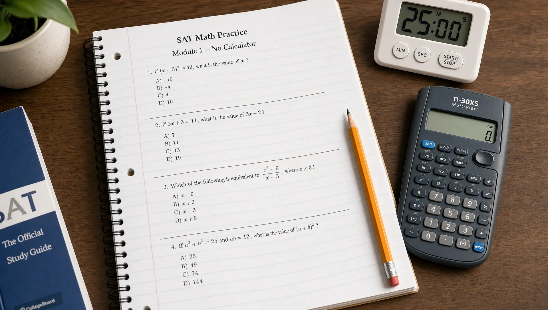 A study desk with a notebook showing SAT Math practice problems, a pencil, a calculator, and a small timer set for a focused timed drill session.