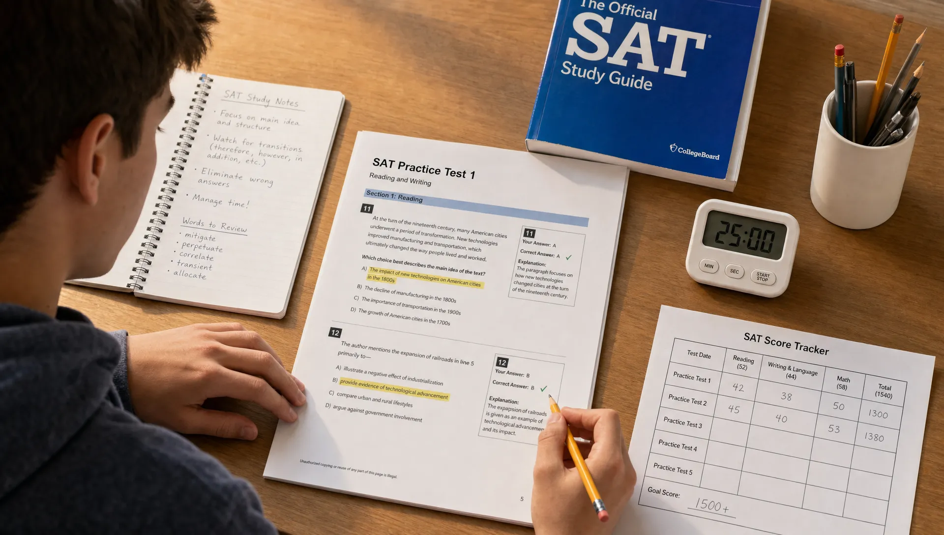 A student reviews an SAT practice test at a desk with a notebook, highlighted answer explanations, a simple score tracker, pencils, and a timer arranged neatly for focused study.