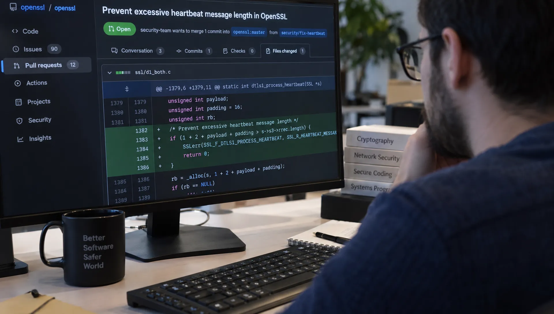 How Software Vulnerabilities Arise and Why They Go Unnoticed A close view of a server engineer examining an OpenSSL code review on a monitor, with a heartbeat message length check visible beside the keyboard.