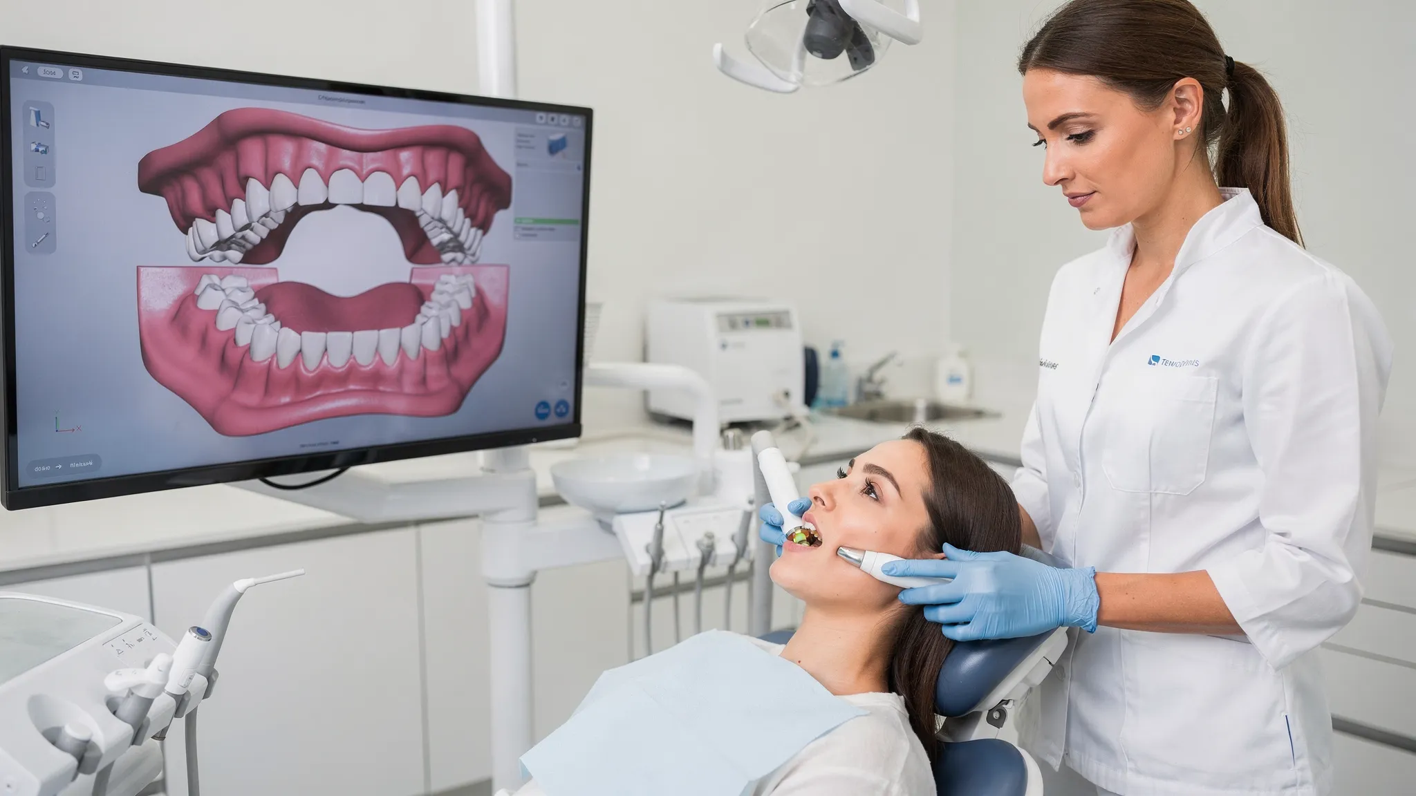 Medic ortodont realizând o scanare intraorală 3D unui pacient într-un cabinet modern; pe monitor se vede un model 3D al arcadelor dentare.