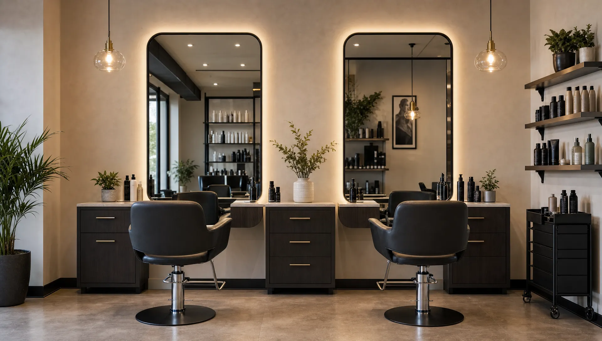 A modern hair salon styling area with two empty chairs, large mirrors, neatly arranged hair products, and warm lighting, creating a calm upscale atmosphere for personalized hair services.