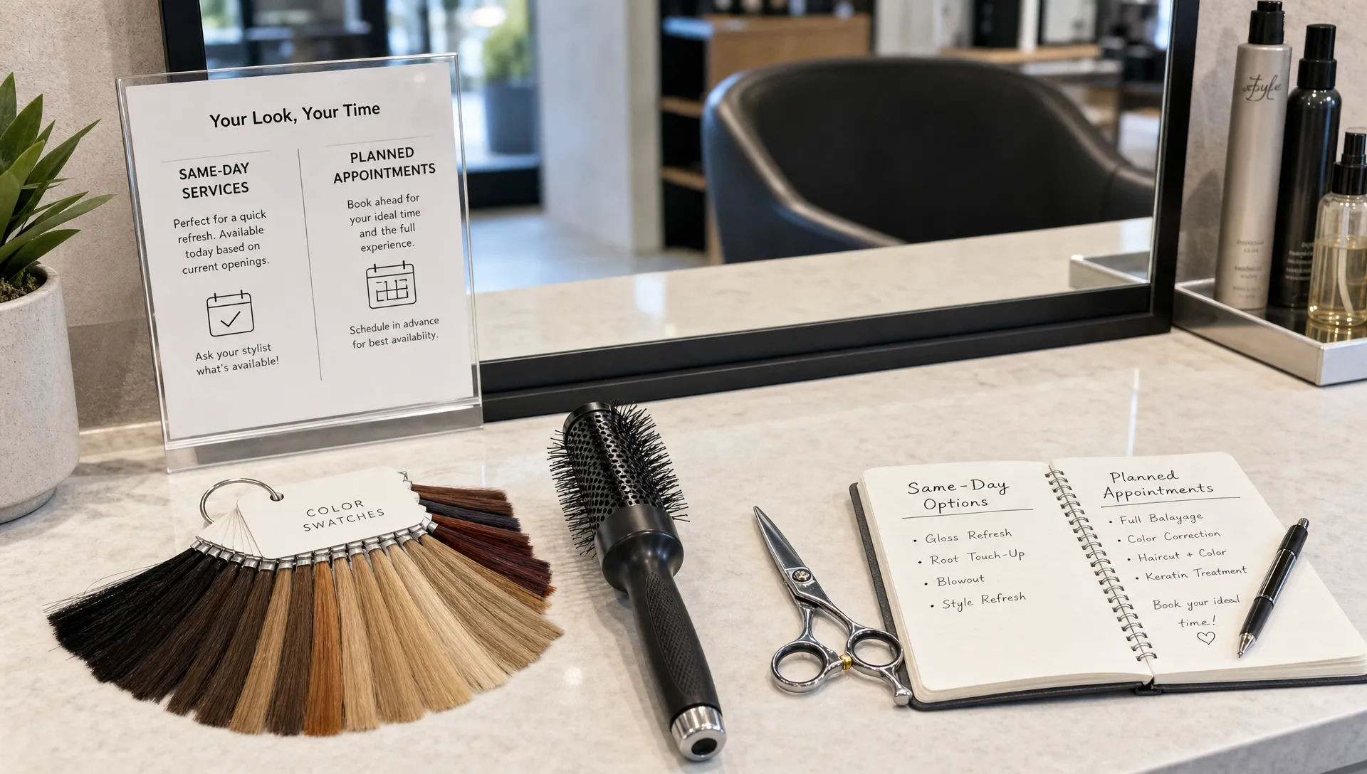 A clean salon station with hair color swatches, a round brush, shears, and appointment notes arranged on the counter, suggesting the choice between same-day services and planned appointments.