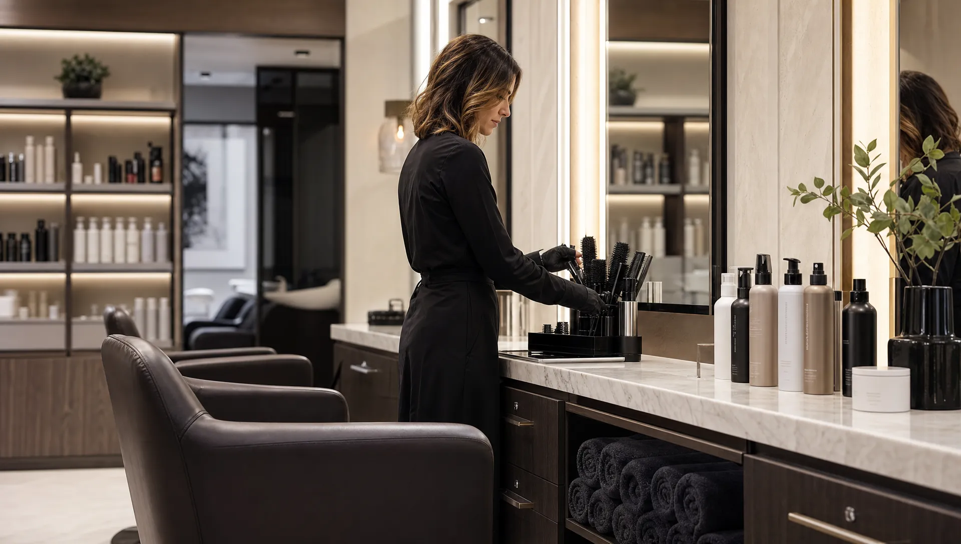 A luxury hair salon station seen from the side, with a comfortable chair, neatly folded towels, premium hair products lined up on the counter, and a stylist organizing tools near a mirror in a calm modern interior.