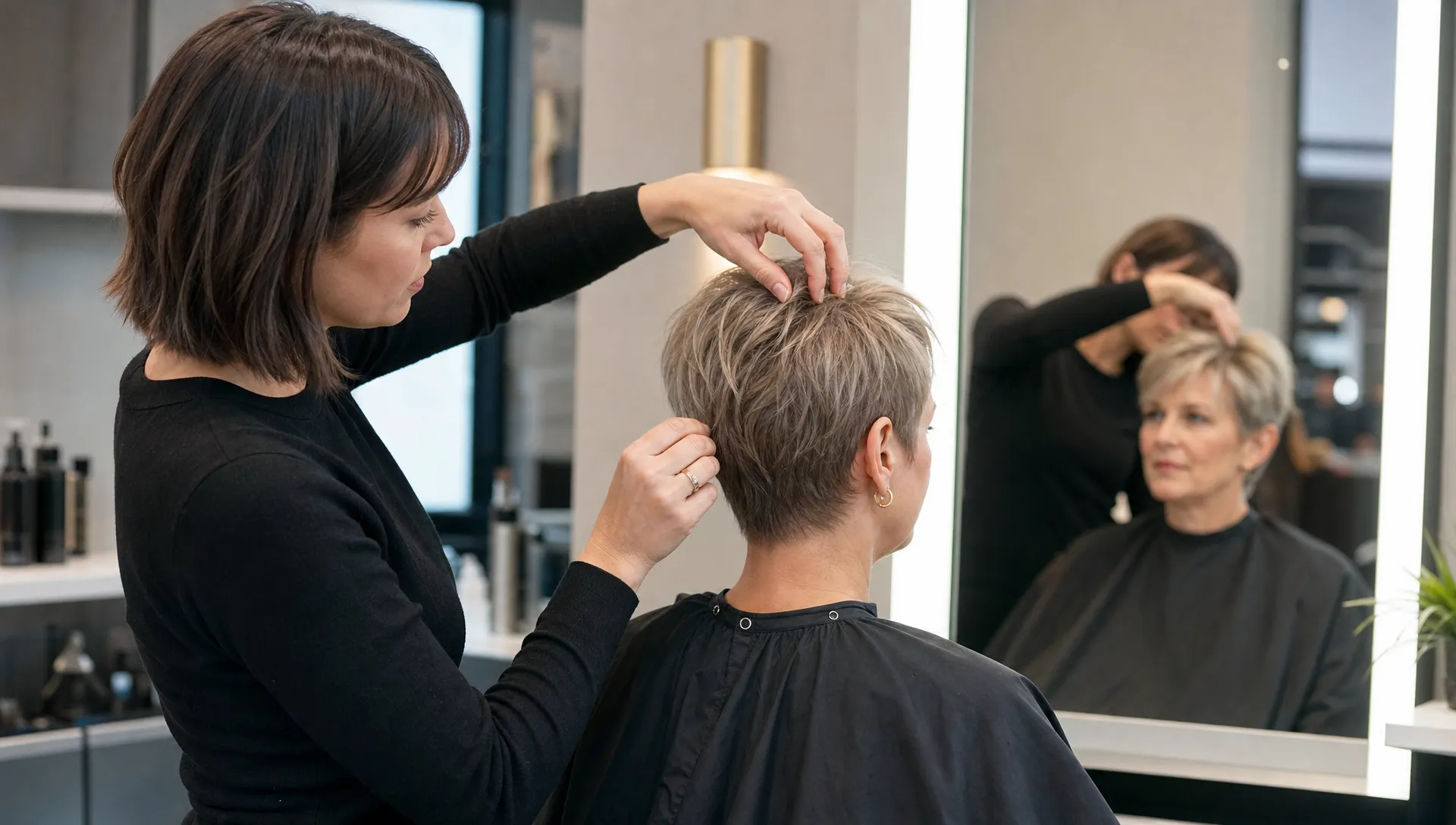 A stylist shapes a short pixie haircut on a client with fine hair in a salon chair, focusing on crown lift, clean sides, and a neat neckline.