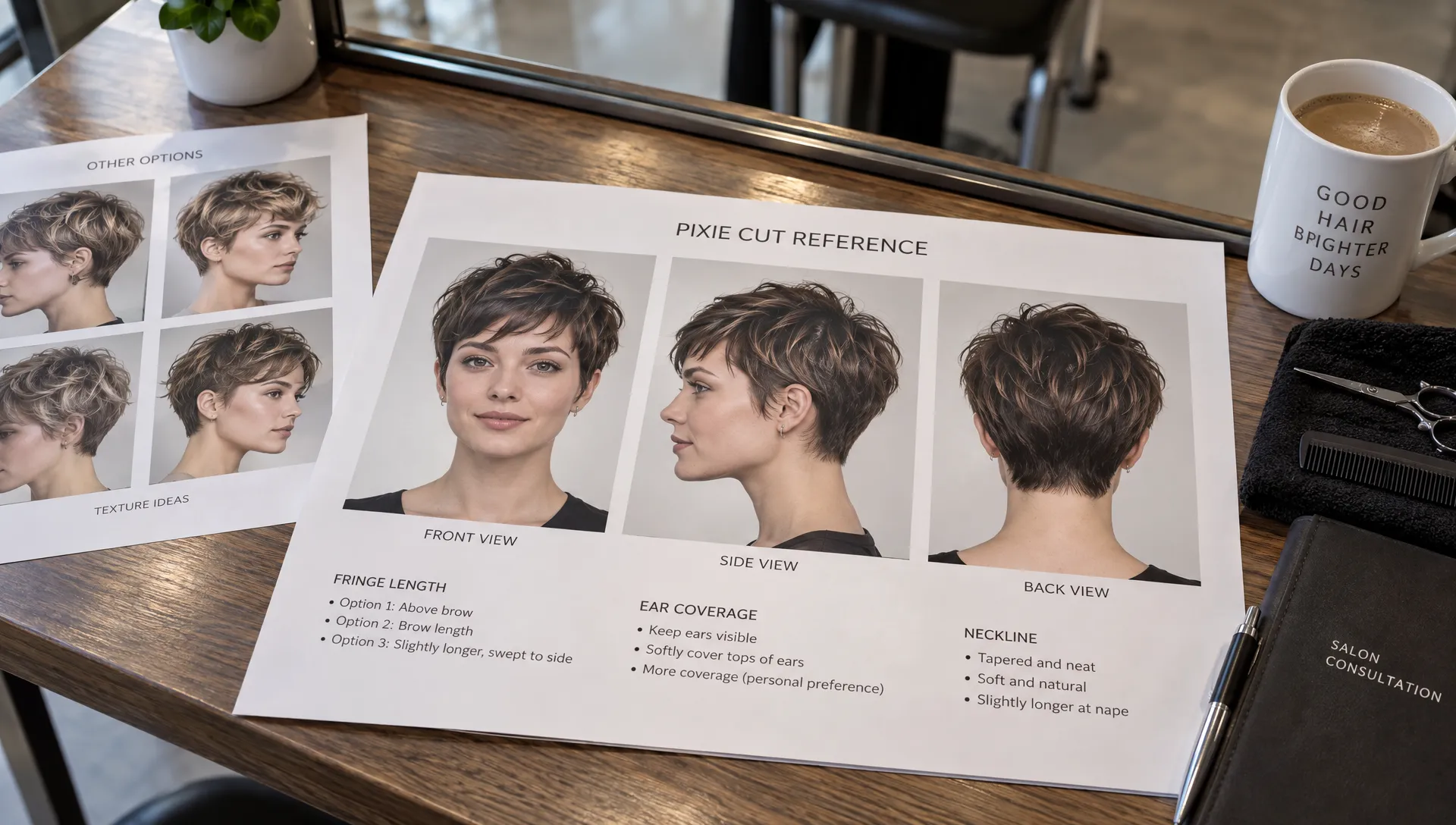 Printed pixie haircut references show front, side and back views alongside notes about fringe length, ear coverage and neckline preferences on a salon consultation table.