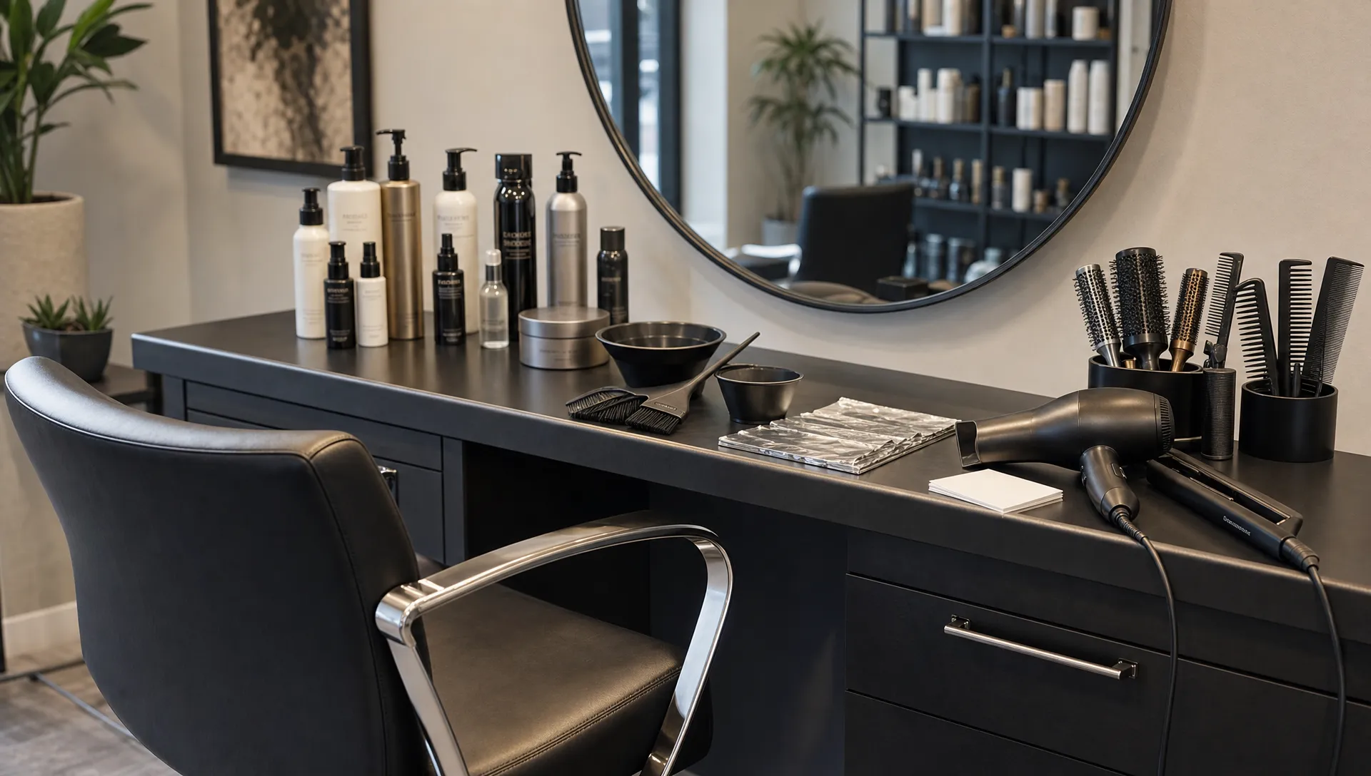 A salon styling station prepared for a textured hair consultation, with a chair, color bowls, brushes, foils, a blow dryer, a flat iron, and professional hair care products arranged neatly.