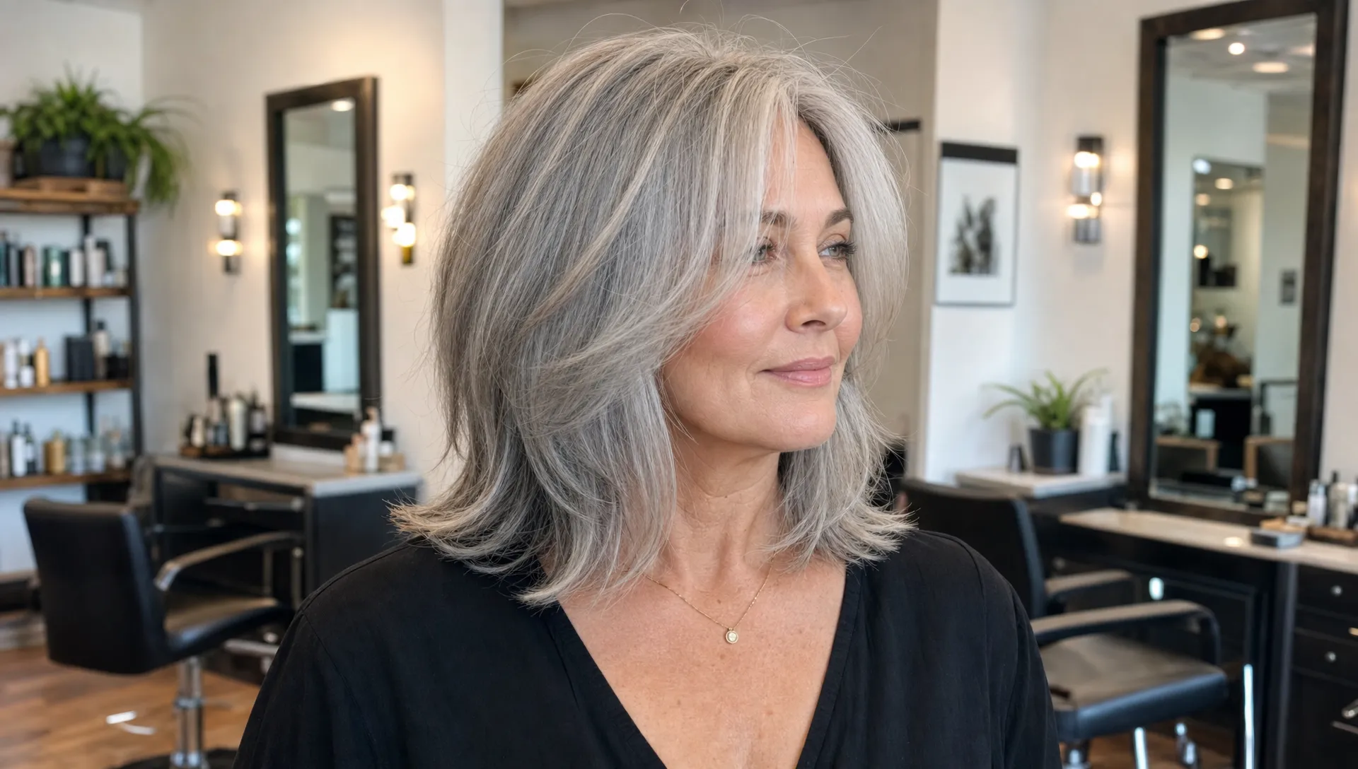 A mature woman with silver shoulder-length layered hair stands in a salon, showing soft face-framing pieces and full movement around the jaw.
