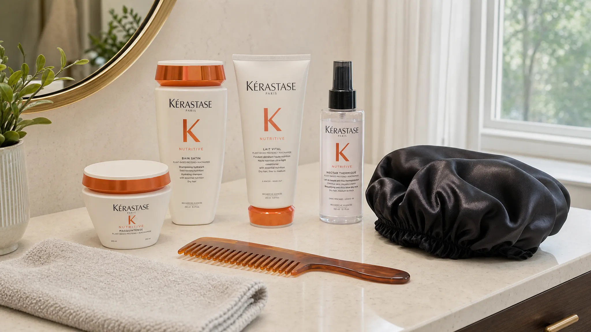 A neat vanity setup with salon-quality hair products, a satin bonnet, a wide-tooth comb, a soft towel, and a heat protectant spray arranged on a bathroom counter beside a window, with everything spaced out for easy nightly use.