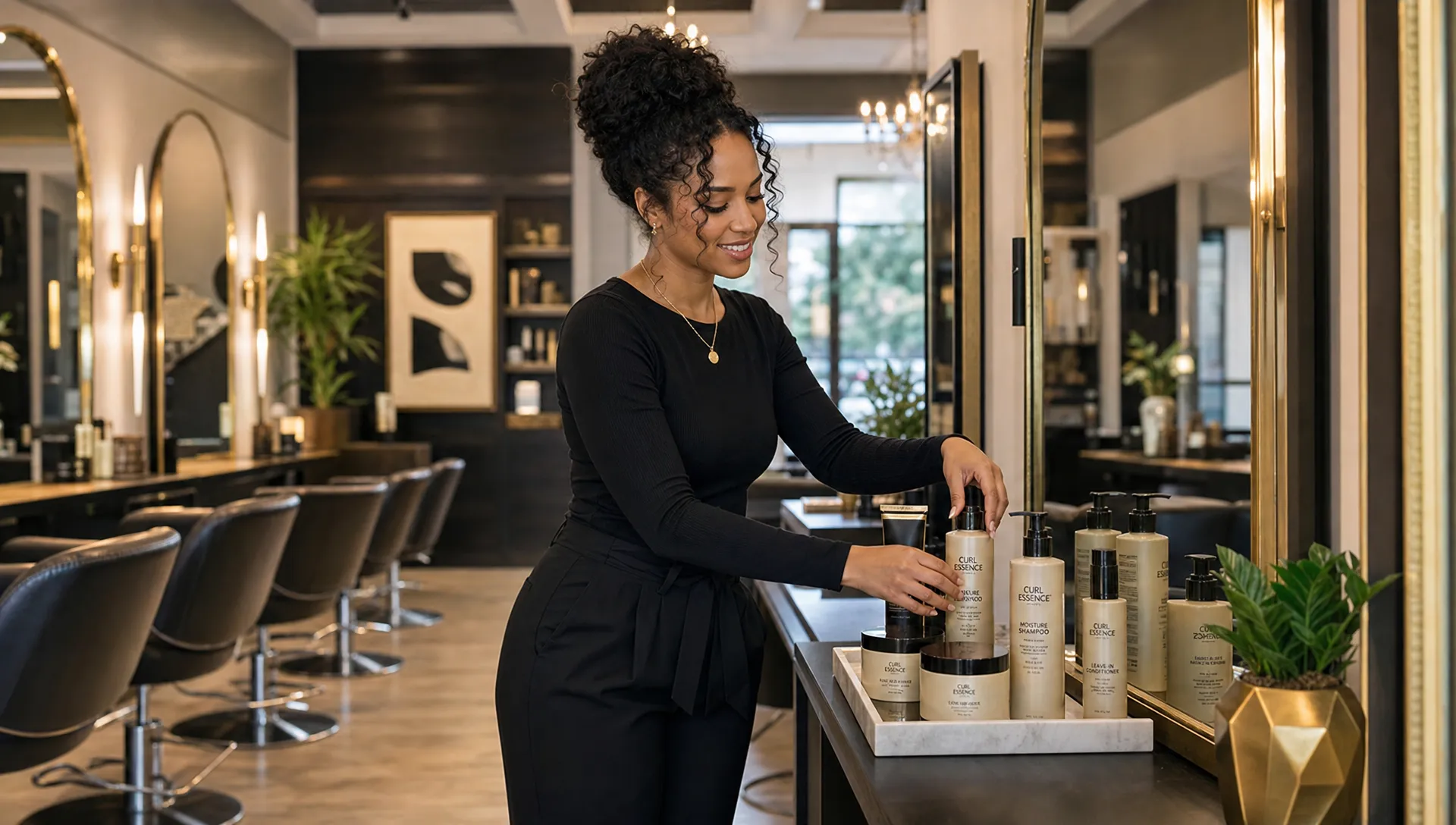 A welcoming luxury hair salon interior with a stylist arranging textured-hair products on a clean styling station, with mirrors, salon chairs, and elegant decor creating a calm upscale atmosphere.