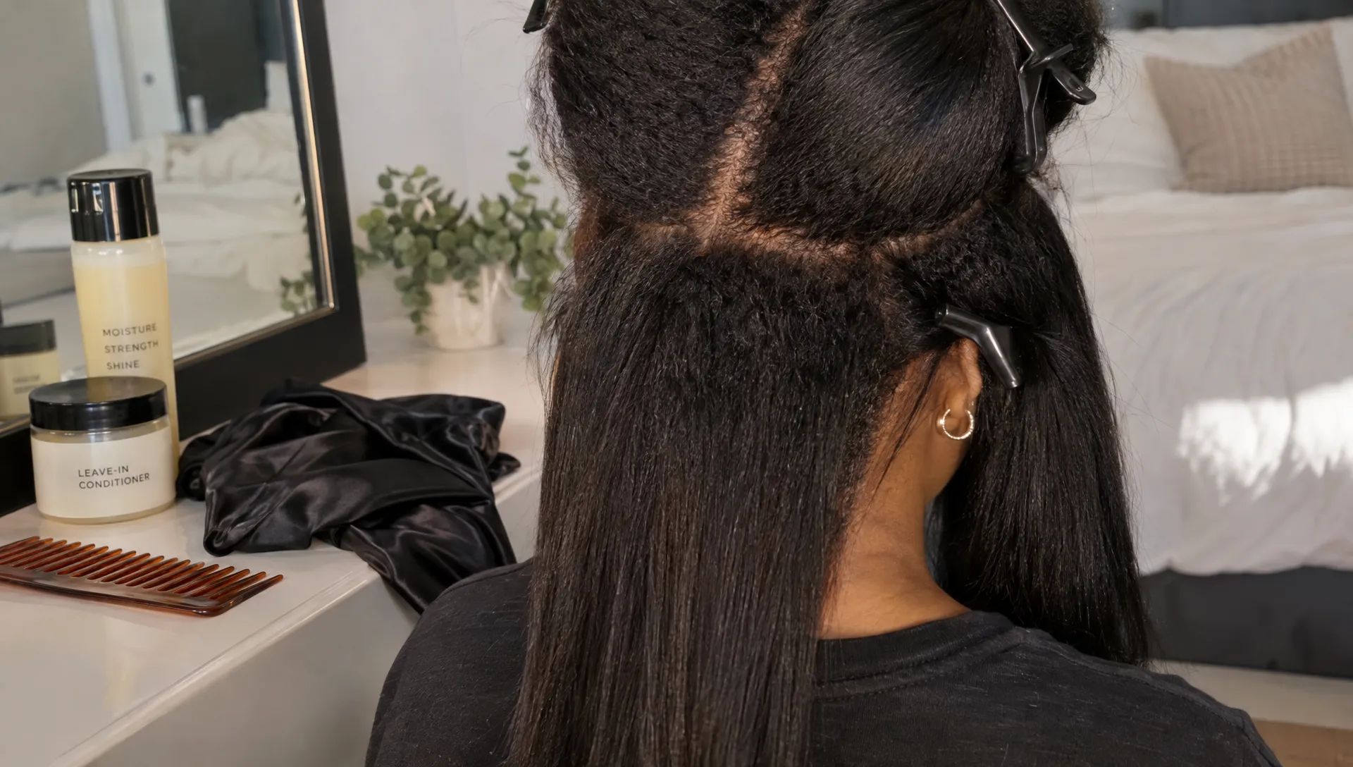 Relaxed hair is divided into gentle sections, showing textured new growth beside straightened lengths, with a wide-tooth comb and satin scarf nearby.