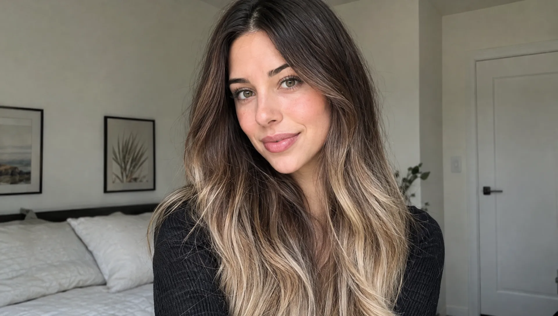 Long dark brown hair has natural depth at the crown, fine blonde strands through the midlengths, and brighter beige-blonde ends.