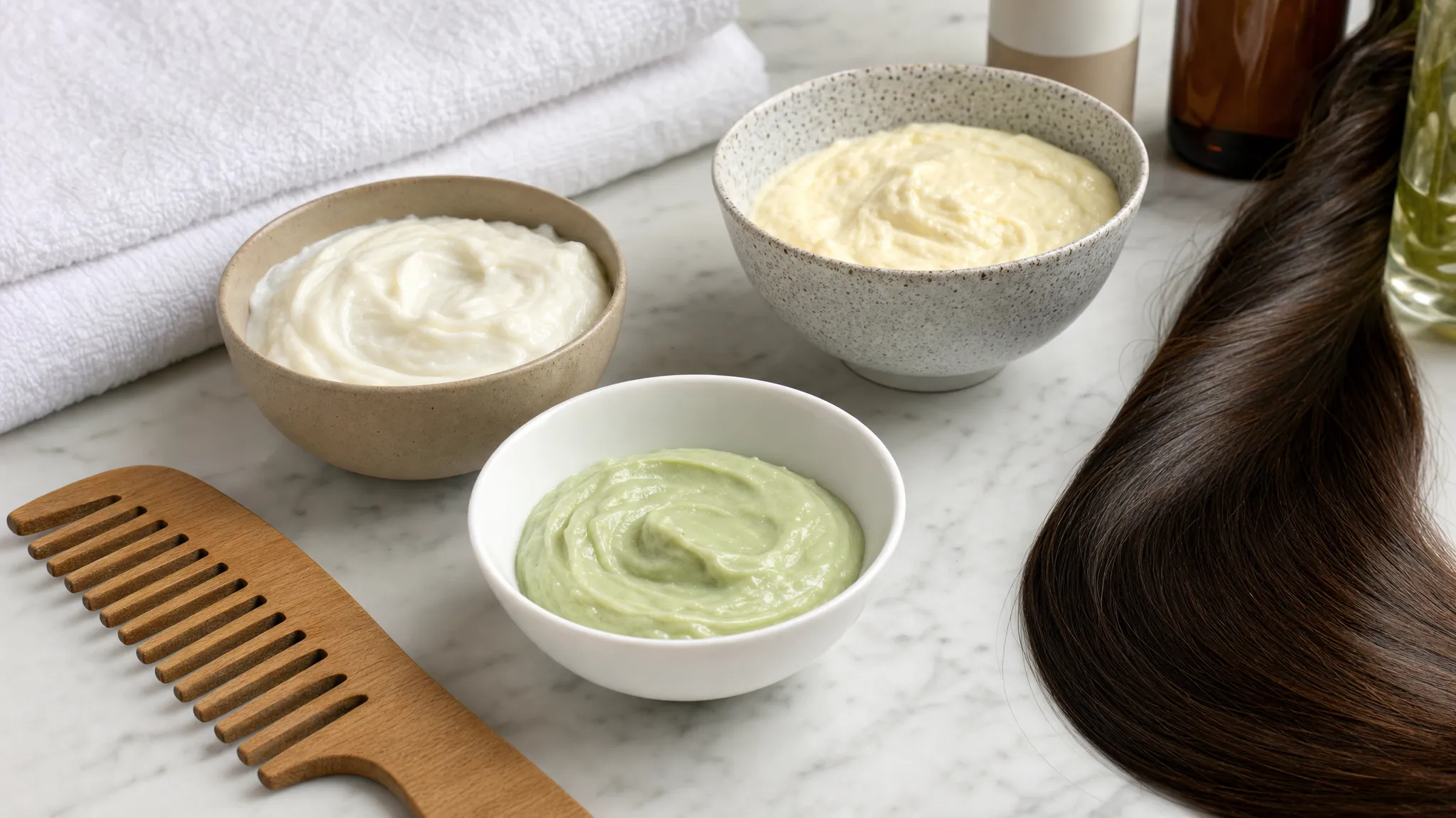 A close-up indoor scene of nourishing hair masks, treatment bowls, clean towels, a wide-tooth comb, and healthy glossy hair strands arranged neatly on a marble counter.