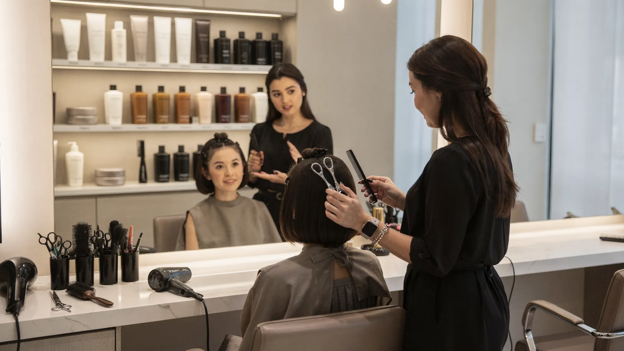 A stylist in an upscale salon consults with a client in front of a mirror, holding a comb and sectioning clips, with a clean workstation and premium hair products visible on a nearby shelf.