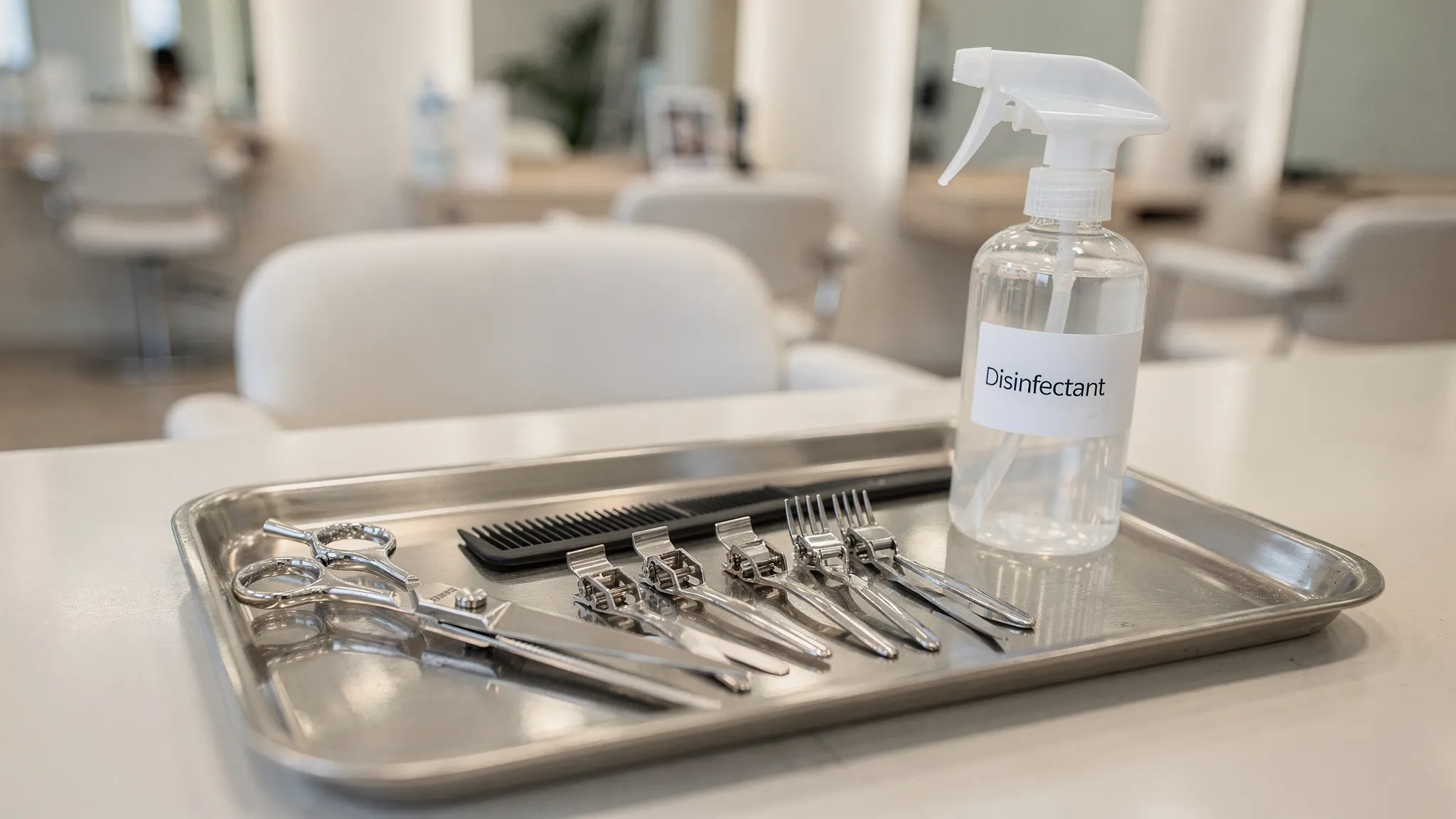 Close-up of sanitized salon tools on a clean tray, including shears, combs, clips, and a spray disinfectant bottle, with a softly blurred modern salon interior in the background.