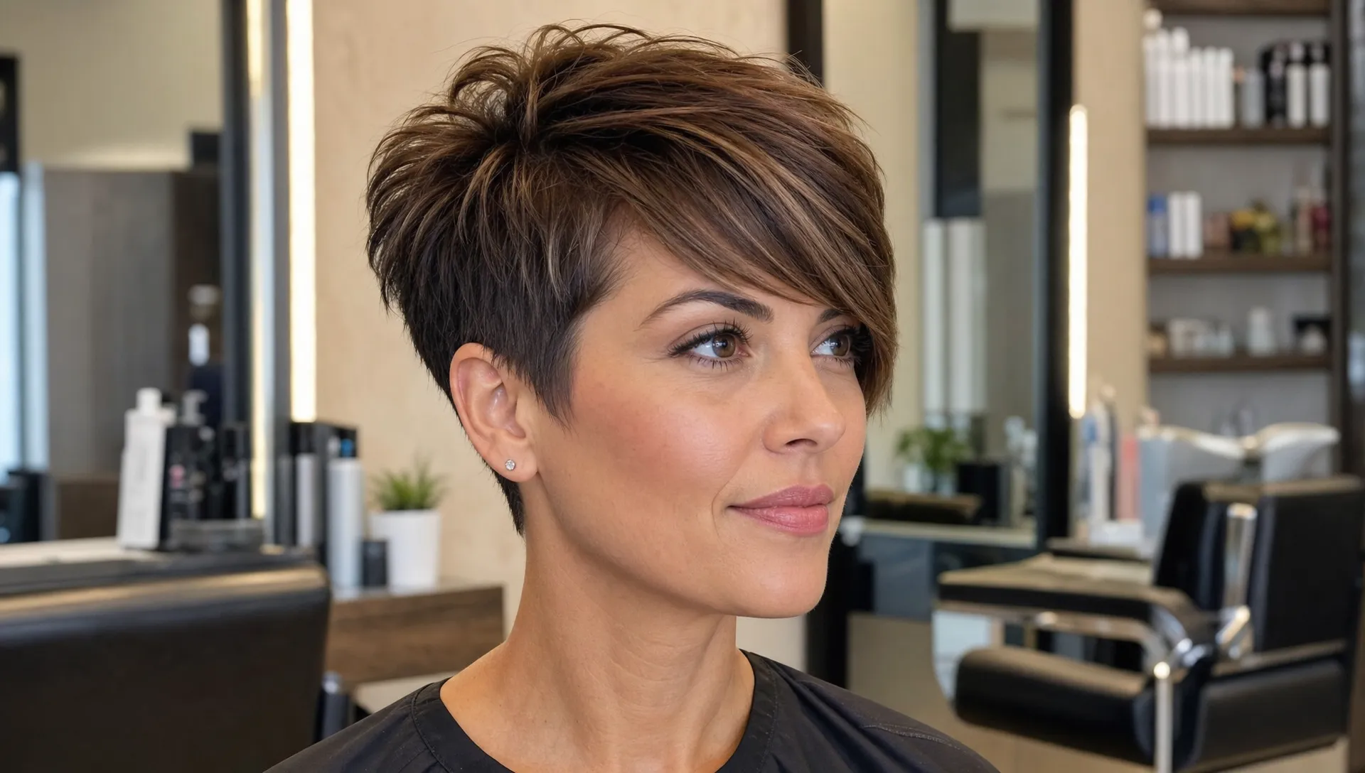 A salon portrait shows a balanced pixie cut with side-swept fringe, lifted crown, and tapered sides.