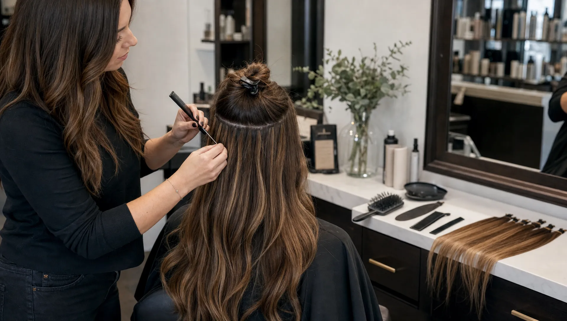 A stylist gently blends long hair extensions into a client's natural hair at a styling chair, with extension wefts, combs, and styling tools arranged neatly on the counter beside the mirror.