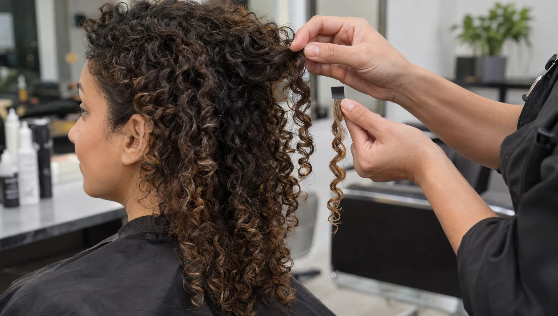 A colorist holds a dried strand-test sample beside untreated curls to compare the shade and check whether the curl definition changed.