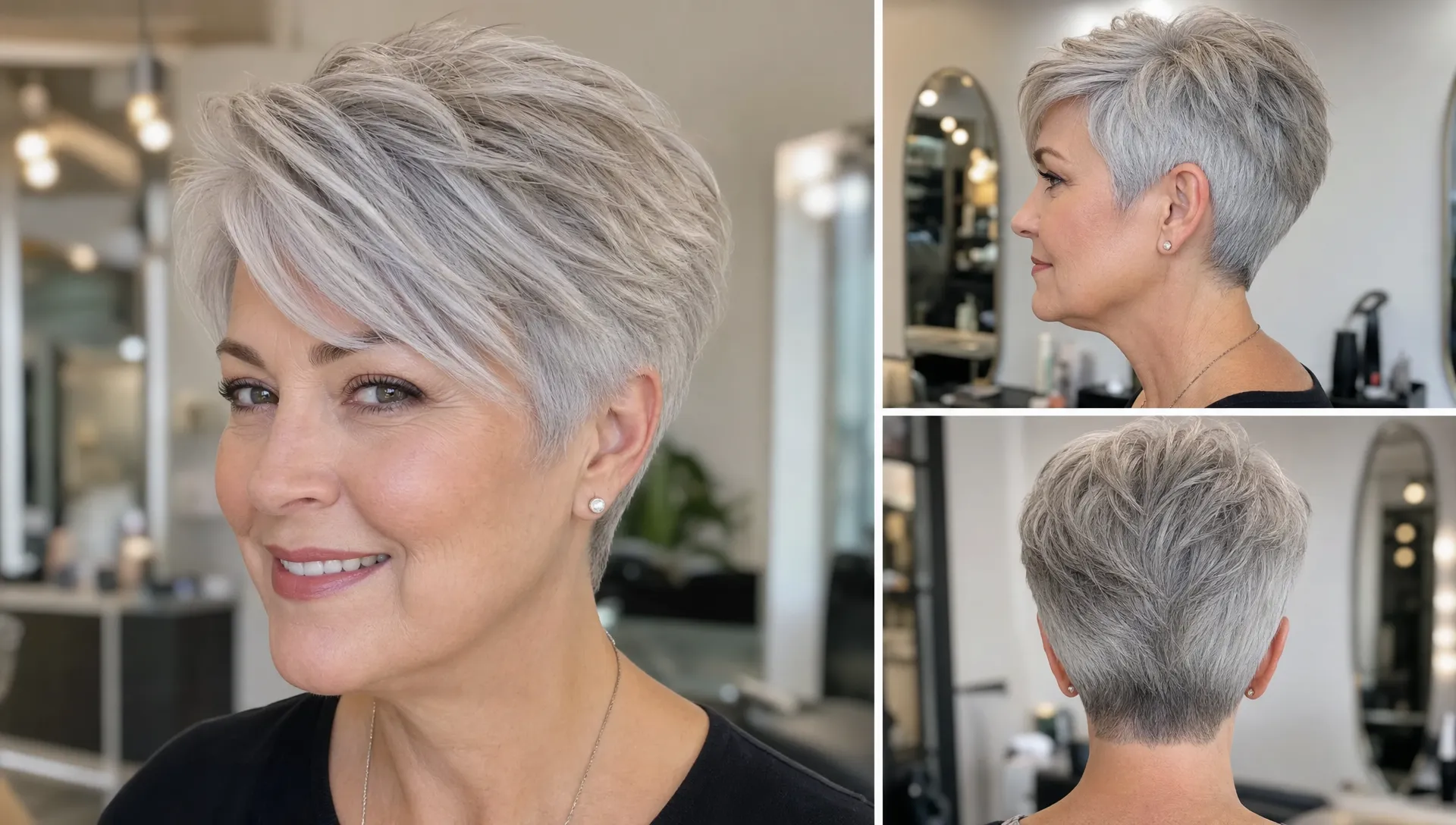 A salon inspiration scene shows a silver pixie with a side-swept fringe, lifted crown, and neat tapered neckline.
