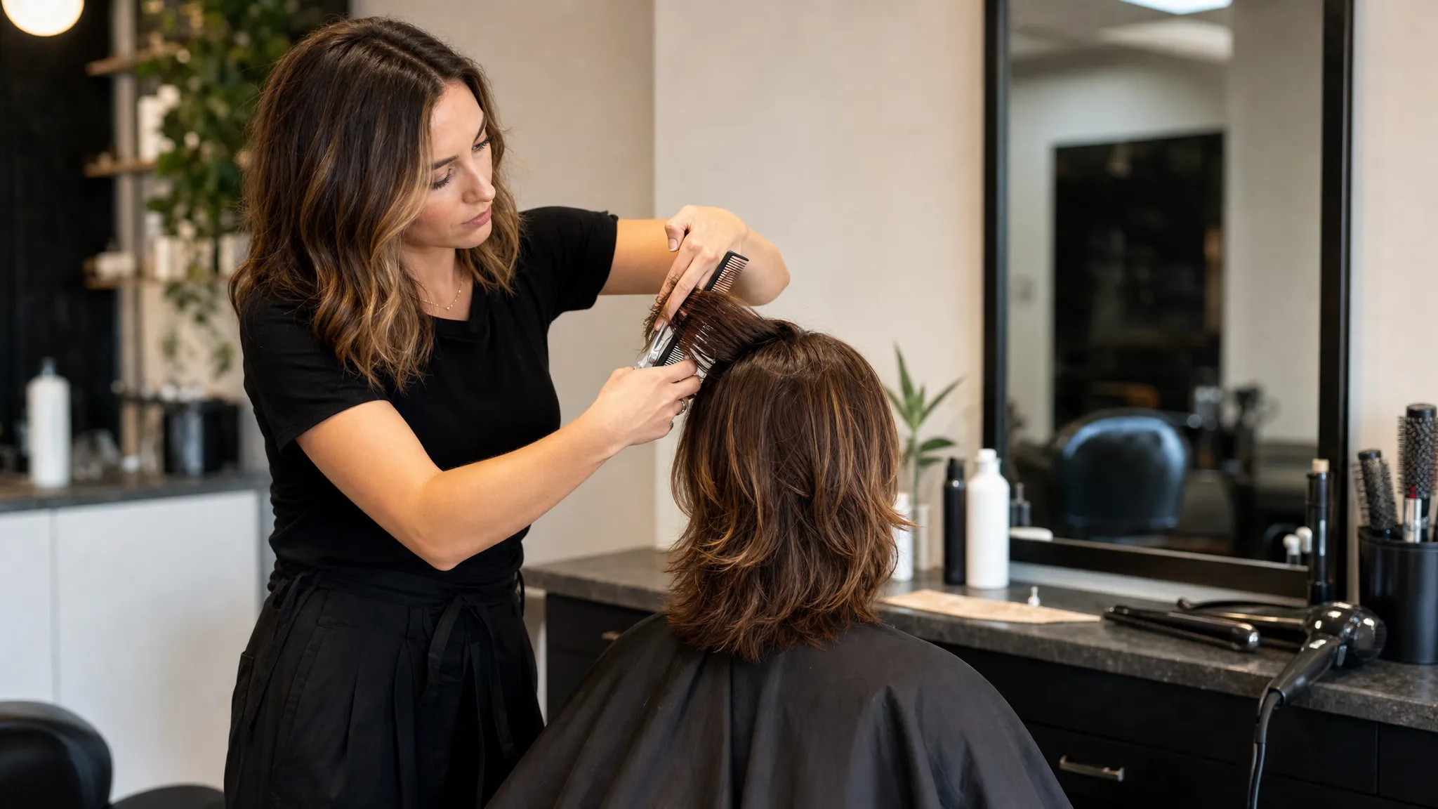 A hairstylist carefully sectioning and refining a client's layered haircut at the salon chair, with styling tools, a mirror, and a clean salon station visible in the background.