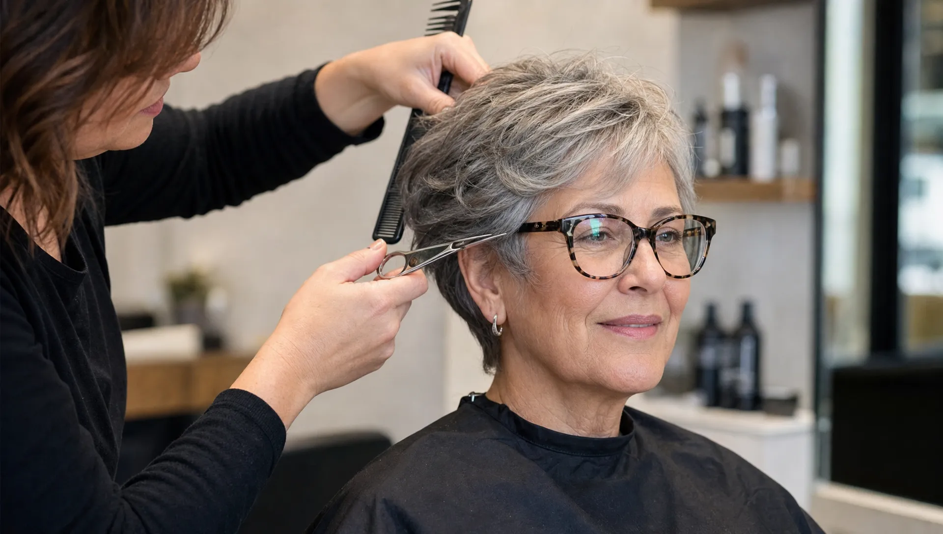 An older woman with modern glasses sits in a salon chair while her short layered haircut is being shaped around the frames.