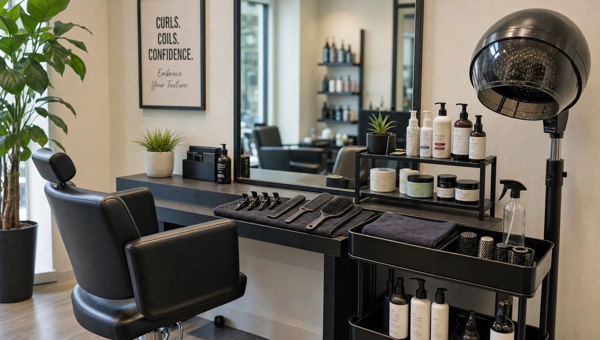 A modern salon station prepared for textured hair services, with a clean styling chair, sectioning clips, combs, conditioning products, a hooded dryer, and neatly arranged hair care tools for curls and coils, viewed from the side with the workstation and mirror in a tidy indoor setting.