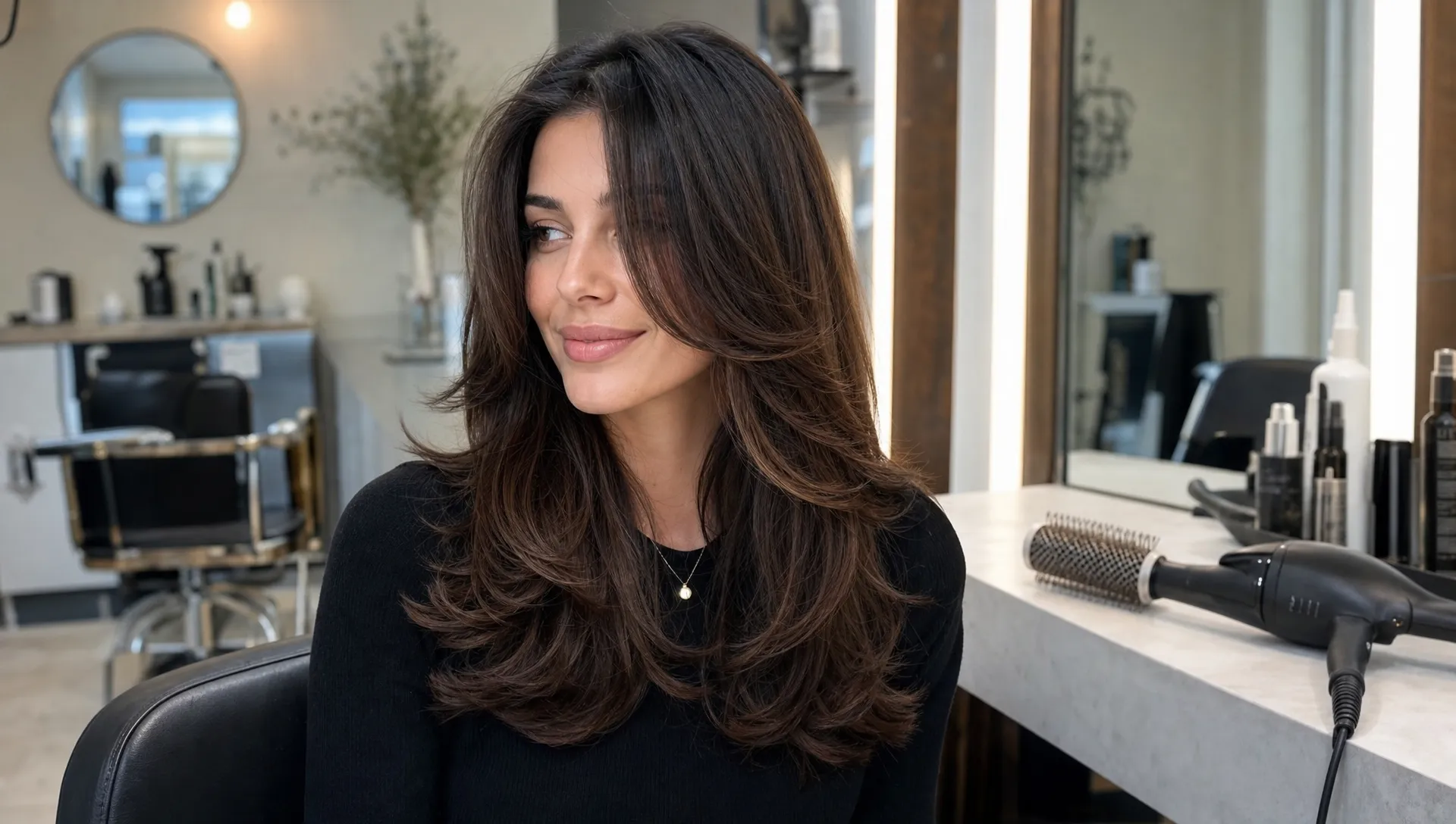 A finished bombshell blowout sits by a salon chair with a round brush and blow dryer nearby.