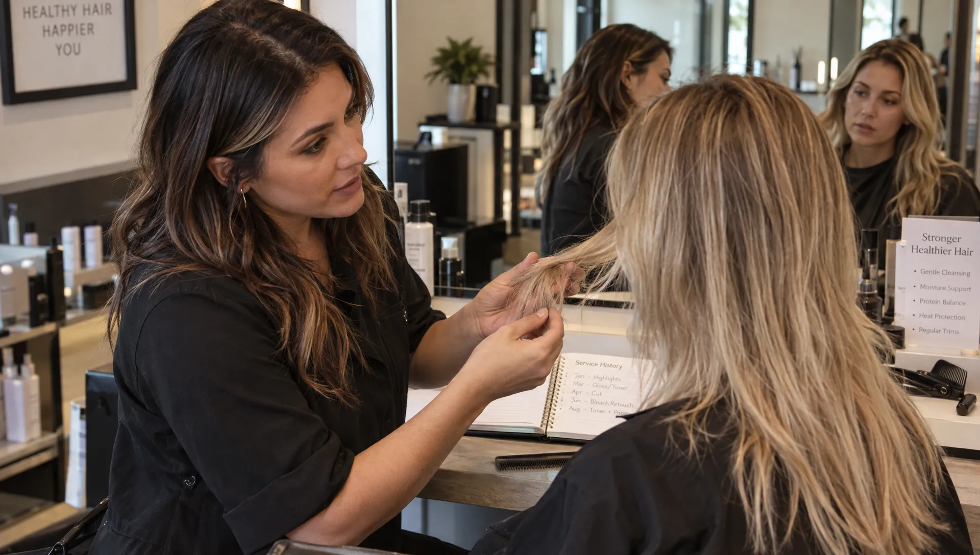 A stylist examines a client’s lightened lengths and uneven ends while discussing a hair breakage treatment plan.