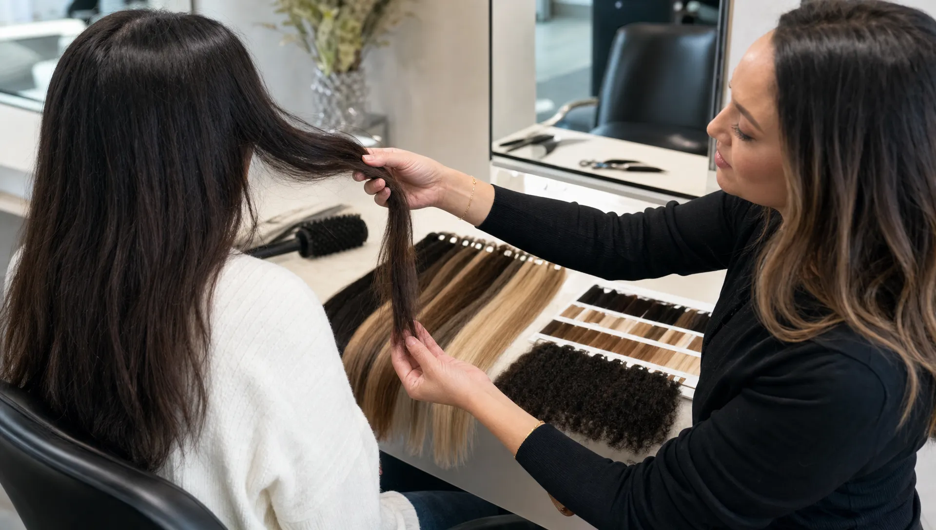 Hair swatches, extension samples, and styling tools are arranged on a consultation station as a stylist evaluates natural hair texture and density.