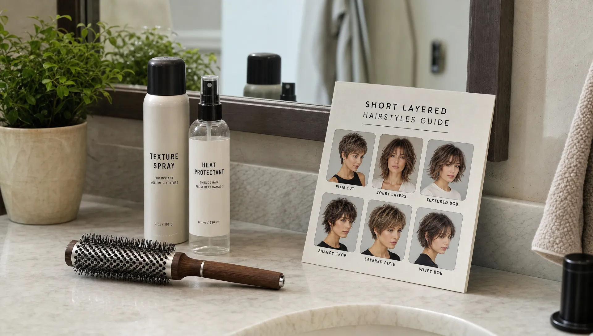 A bathroom counter holds a round brush, texture spray, heat protectant and a short layered hairstyles guide beside the mirror.