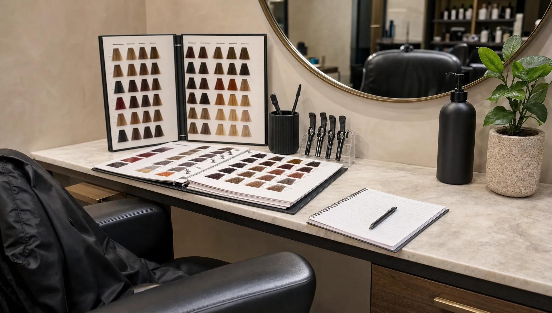 A salon consultation station with color swatches, clips, a cape, and a notebook ready for a hair color consultation.
