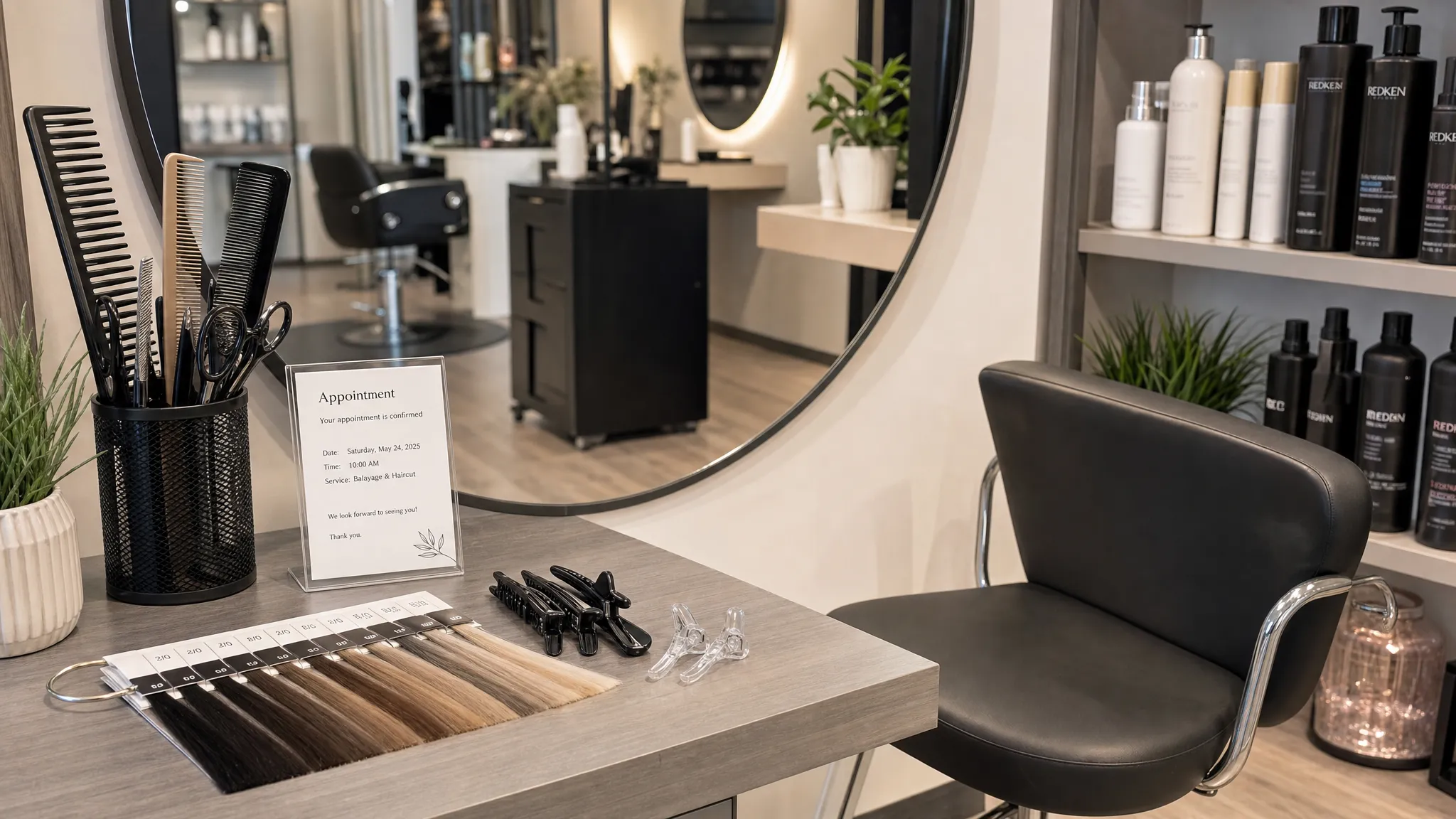A clean salon station with a styling chair, combs, color swatches, hair clips, and a printed appointment card laid out on the counter, showing a calm and organized hair salon booking experience.