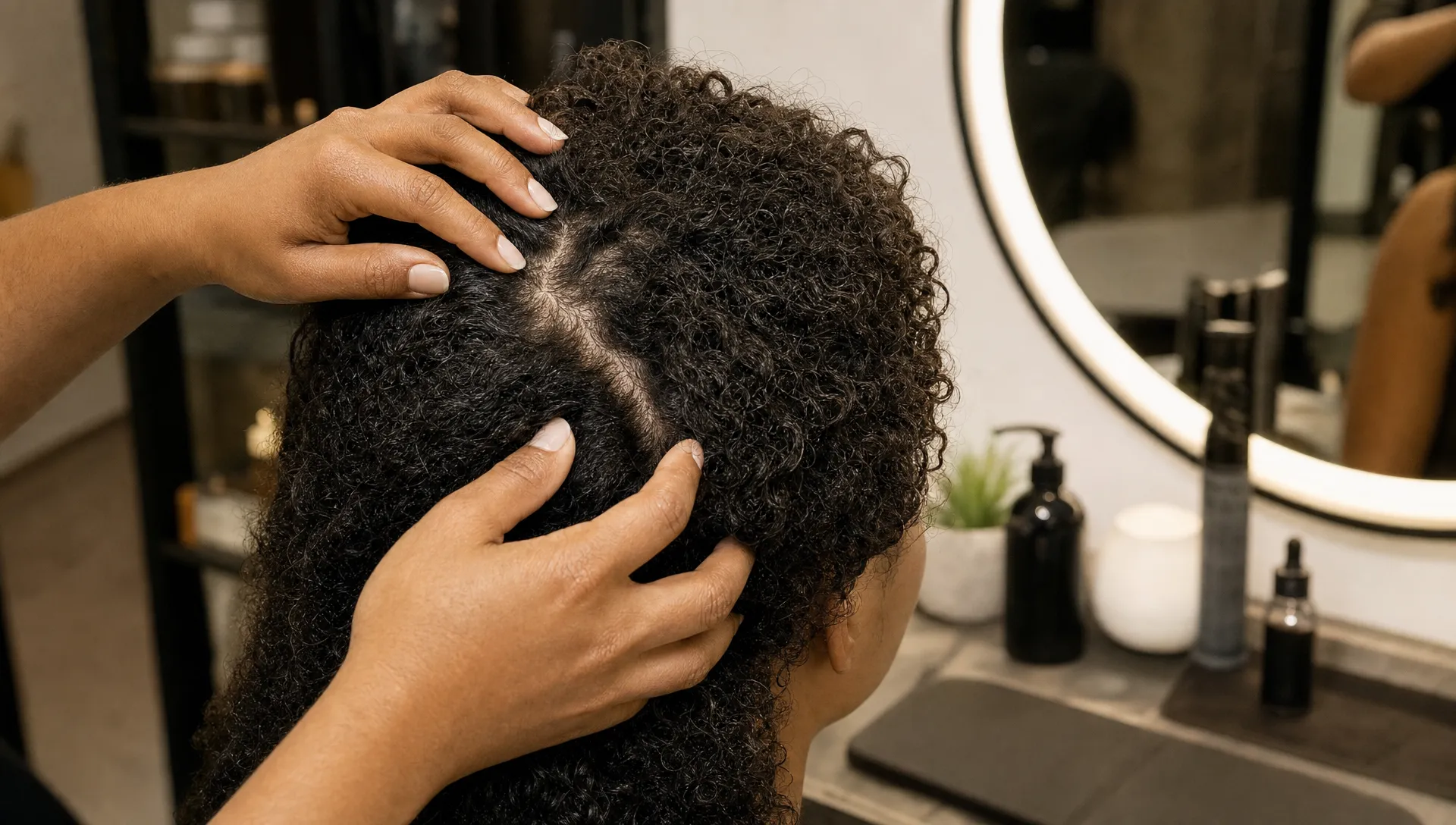 A close-up view of textured hair being gently parted to examine the scalp, with a clean salon mirror and softly lit station nearby highlighting the hairline and scalp area.