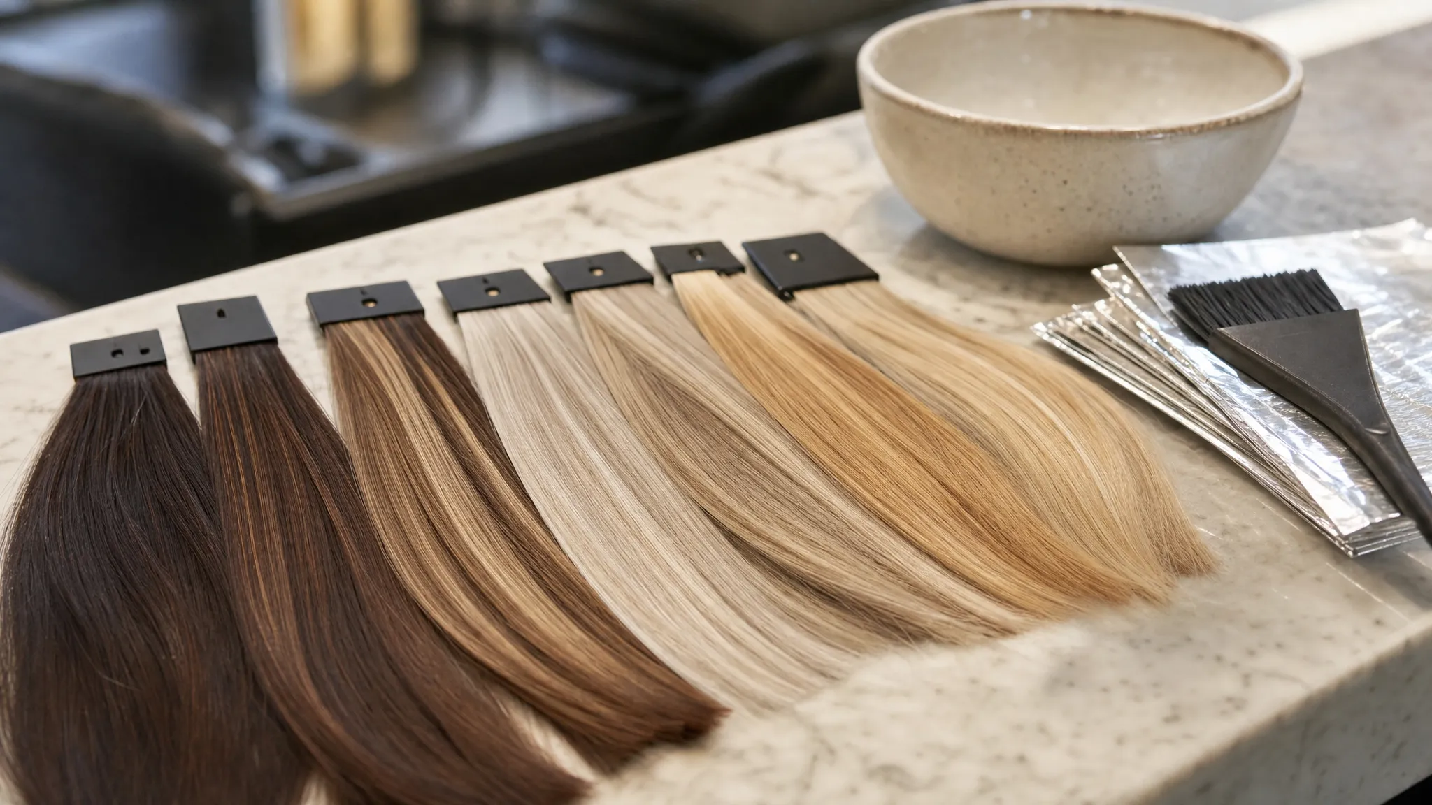 A close-up view of warm brunette, caramel, beige blonde, and honey blonde hair swatches laid out beside a color brush, foils, and a ceramic bowl on a salon counter during a consultation.