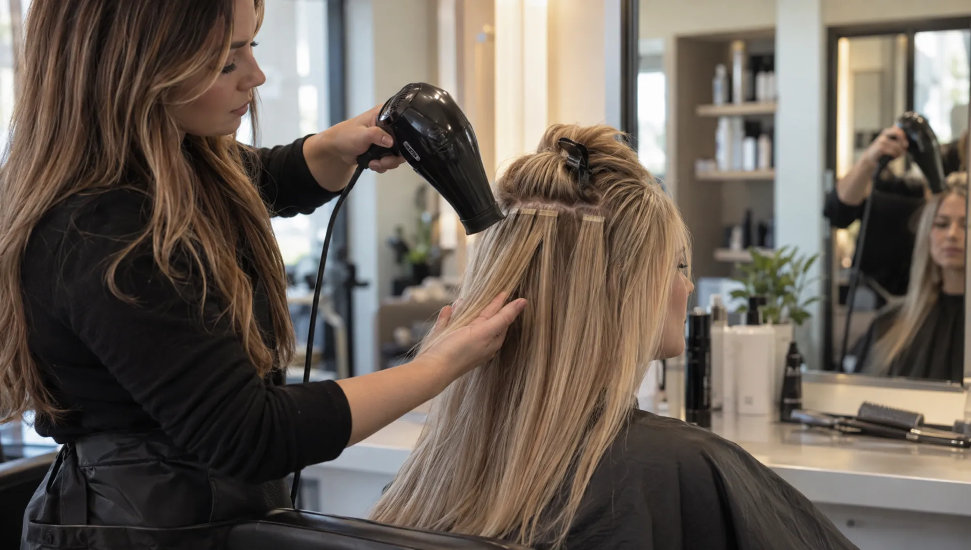 A stylist dries tape in hair extensions section by section while supporting the lengths beneath the bonds.
