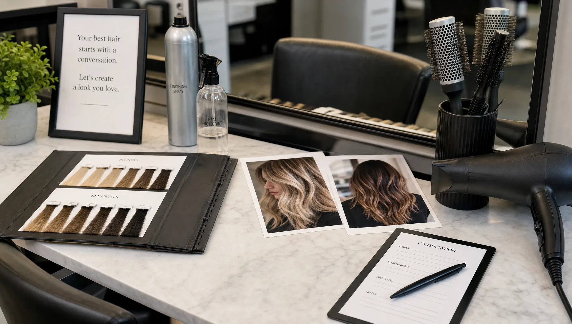 A close-up salon consultation station with hair swatches, styling tools, a mirror, and printed inspiration photos arranged on a clean counter.