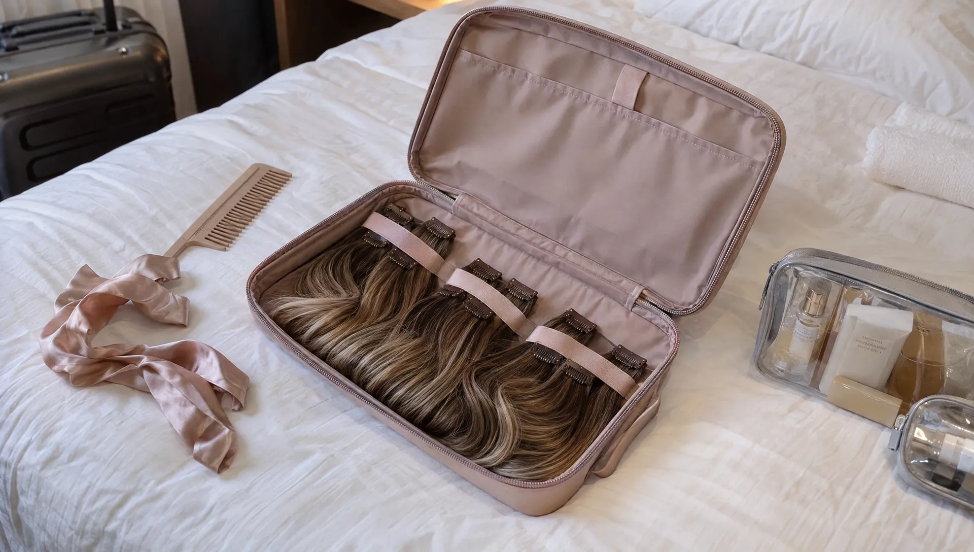 Separated clip-in human hair extensions sit in a protective carrier beside a comb and satin ties on a hotel bed.