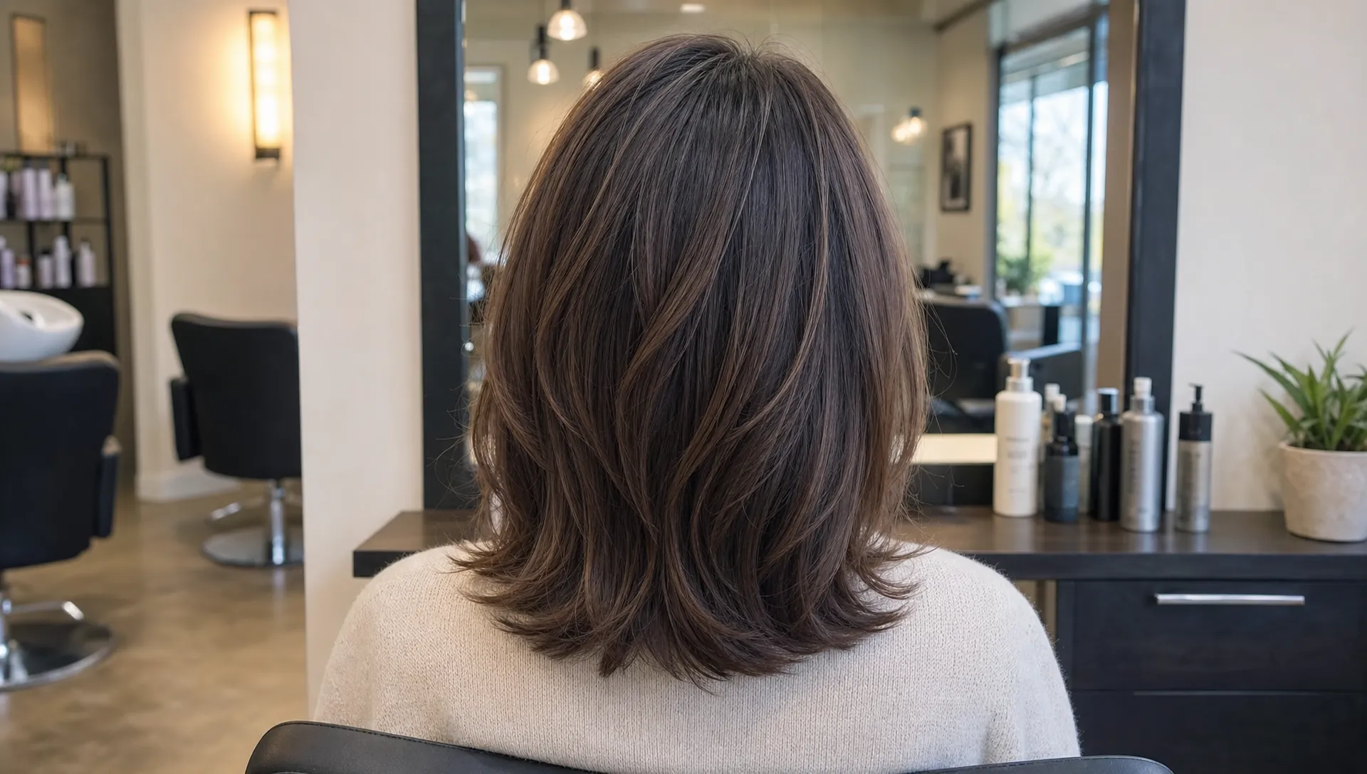 A salon chair shows a client from behind with a collarbone-length layered haircut, a full perimeter, soft face-framing pieces, and subtle crown movement.