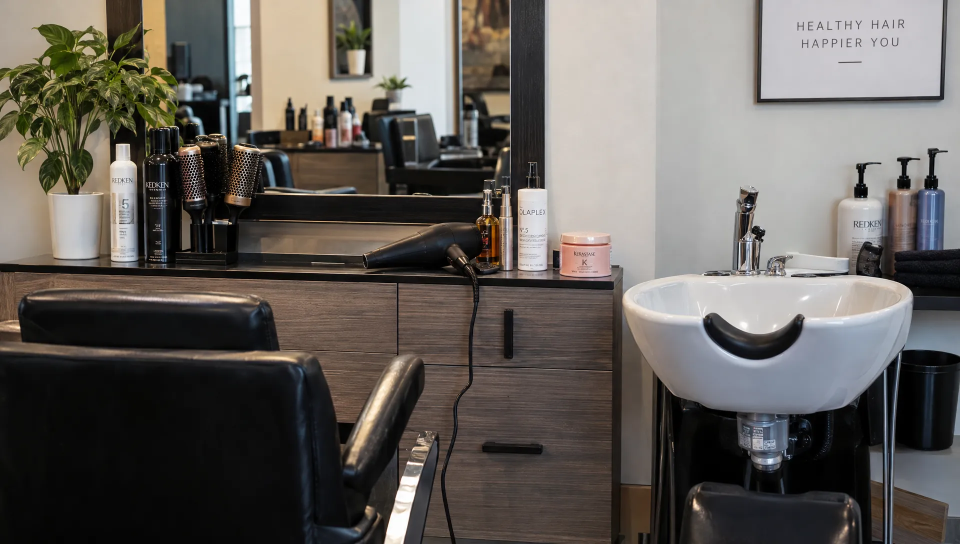 A salon station beside a shampoo basin with a blow-dryer, round brushes, basic conditioner, finishing products, and a separate treatment mask.