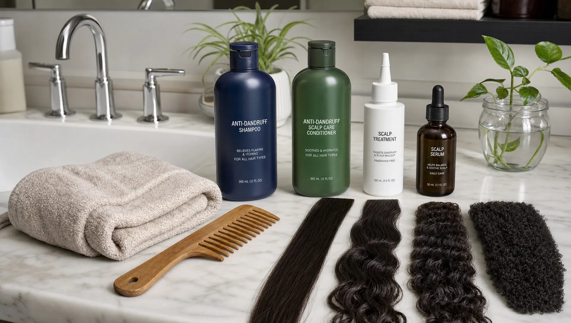 A clean salon sink area with scalp care products, a folded soft towel, a wide-tooth comb, and healthy textured hair strands arranged neatly to represent choosing the right dandruff treatment for different hair types.