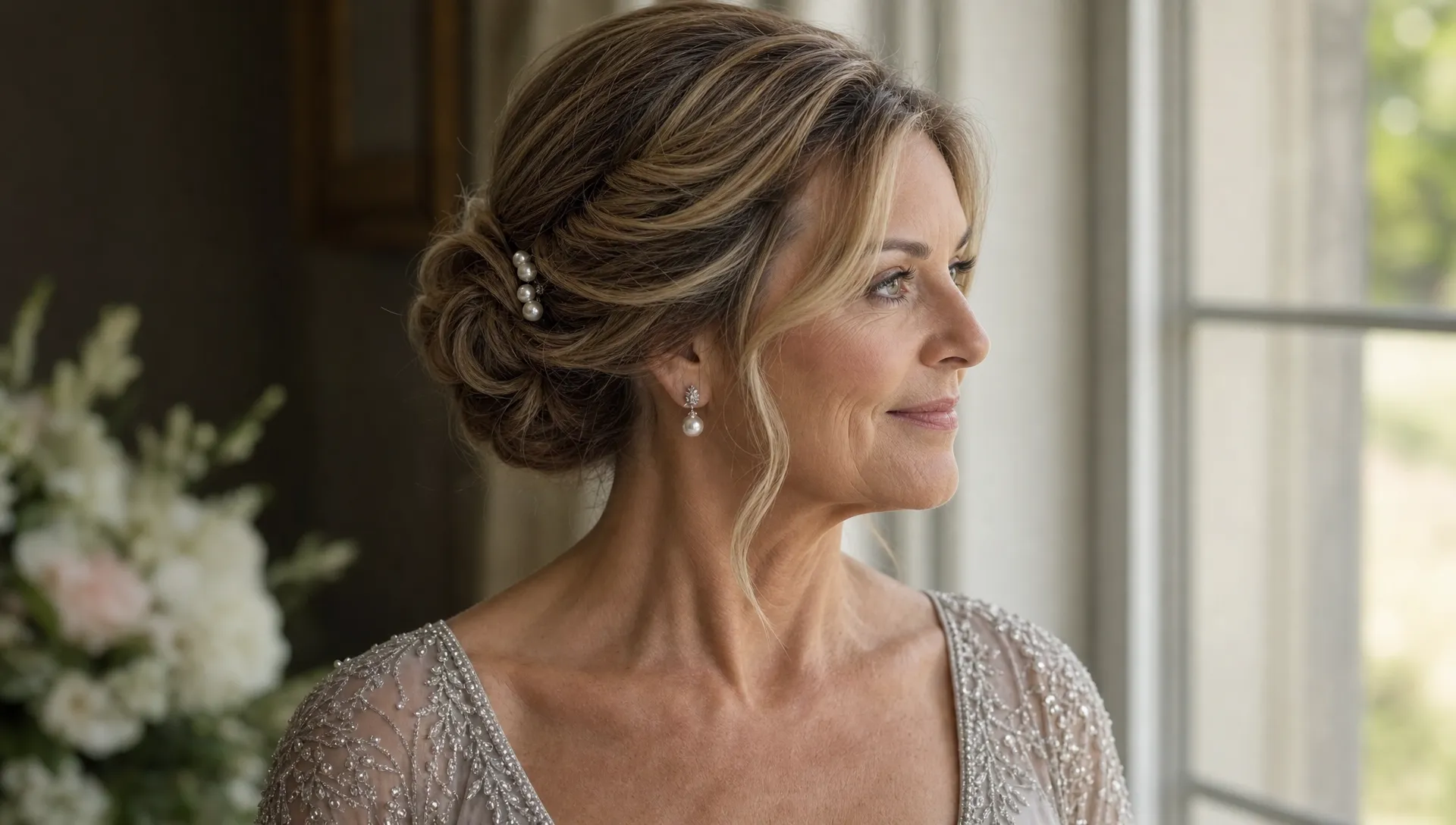 A mother of the bride wears a low textured chignon with soft face-framing pieces and pearl pins for a polished wedding look.