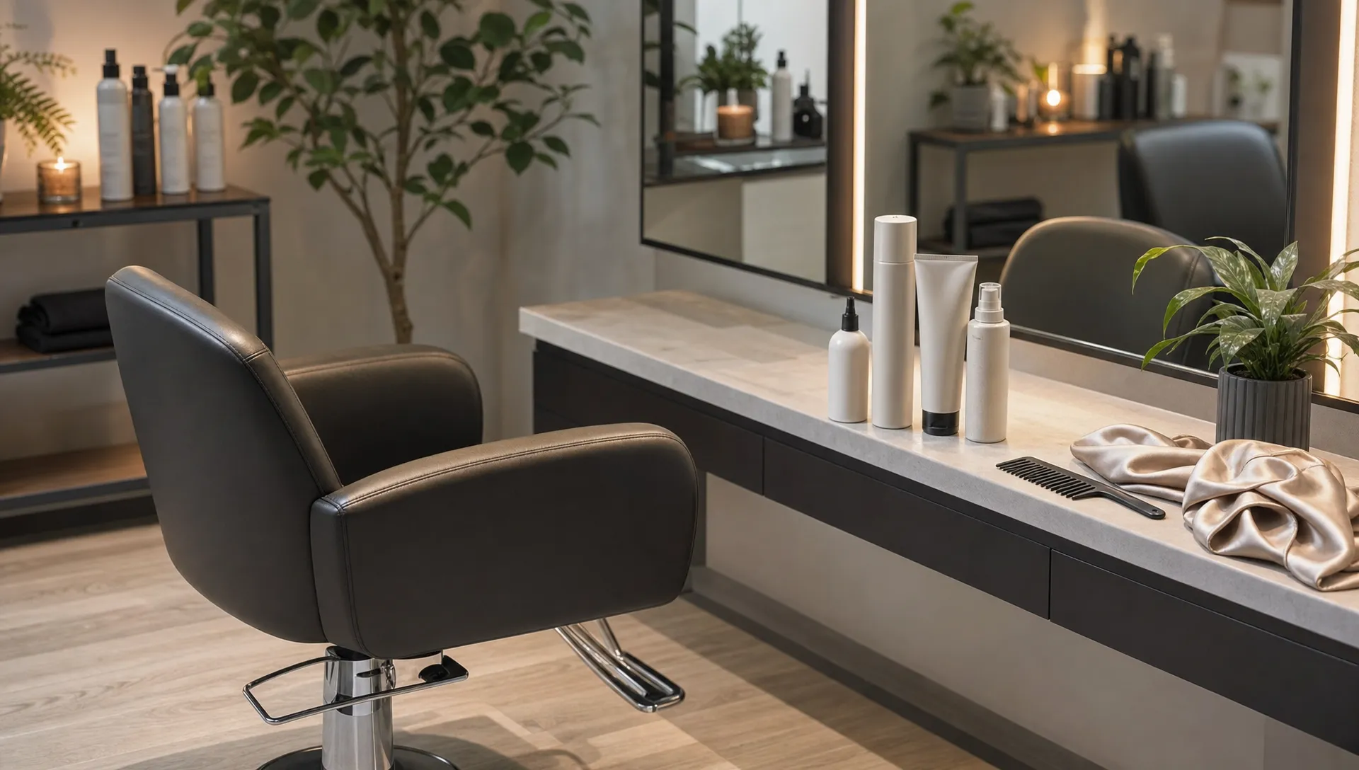 A modern salon chair beside a clean styling station with textured hair products, a satin wrap, a wide-tooth comb, and soft lighting ready for a personalized hair consultation.