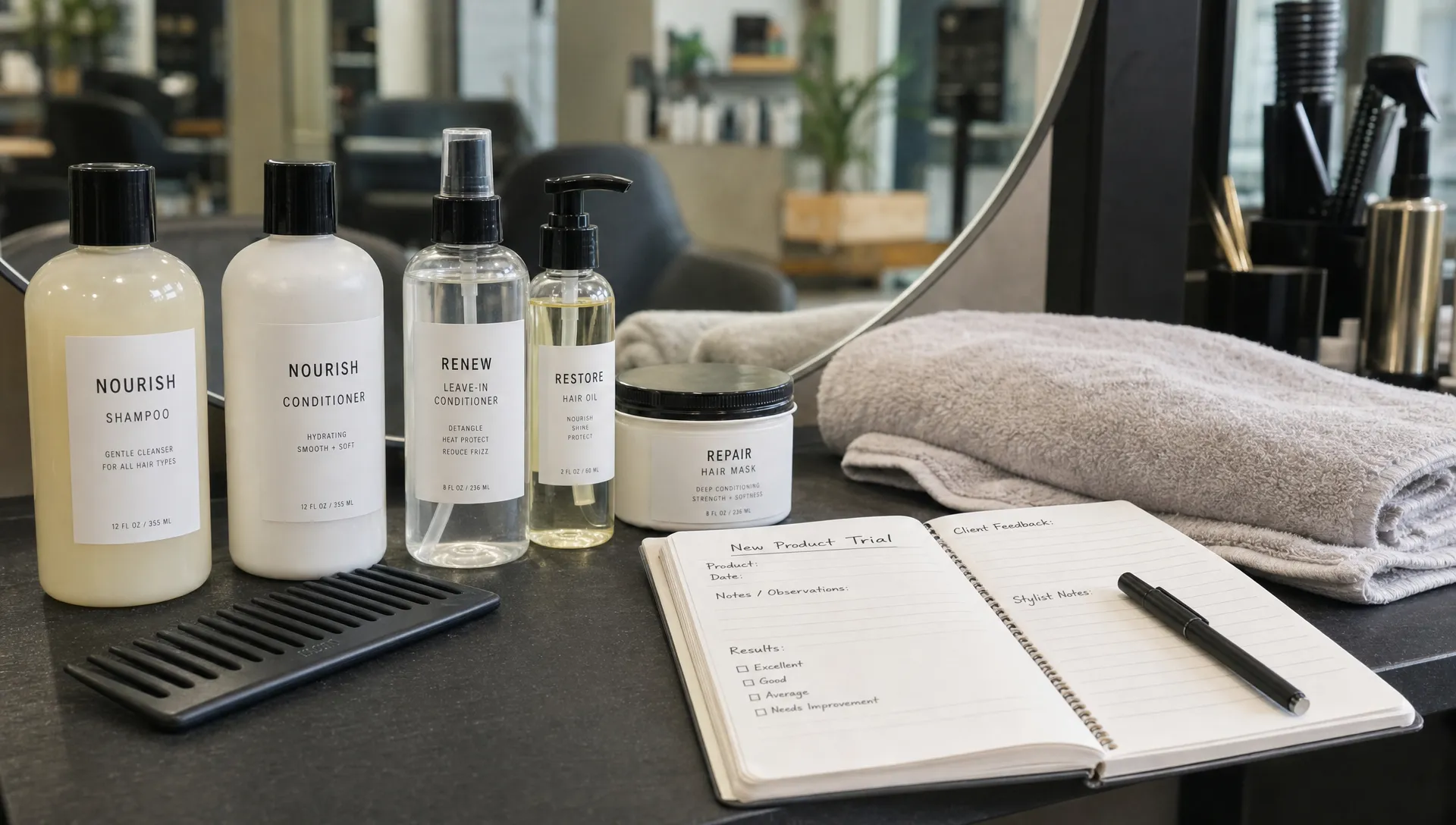A salon workstation holds labeled hair care bottles, a wide-tooth comb, a soft towel, and a notebook for tracking a new product trial.