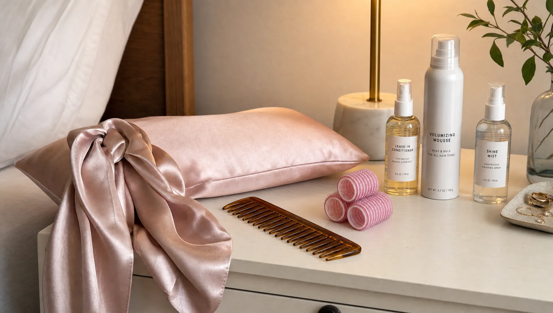 A satin scarf, silk pillowcase, wide-tooth comb, soft rollers, and lightweight hair products arranged neatly on a bedroom nightstand for preserving a salon blowout overnight.