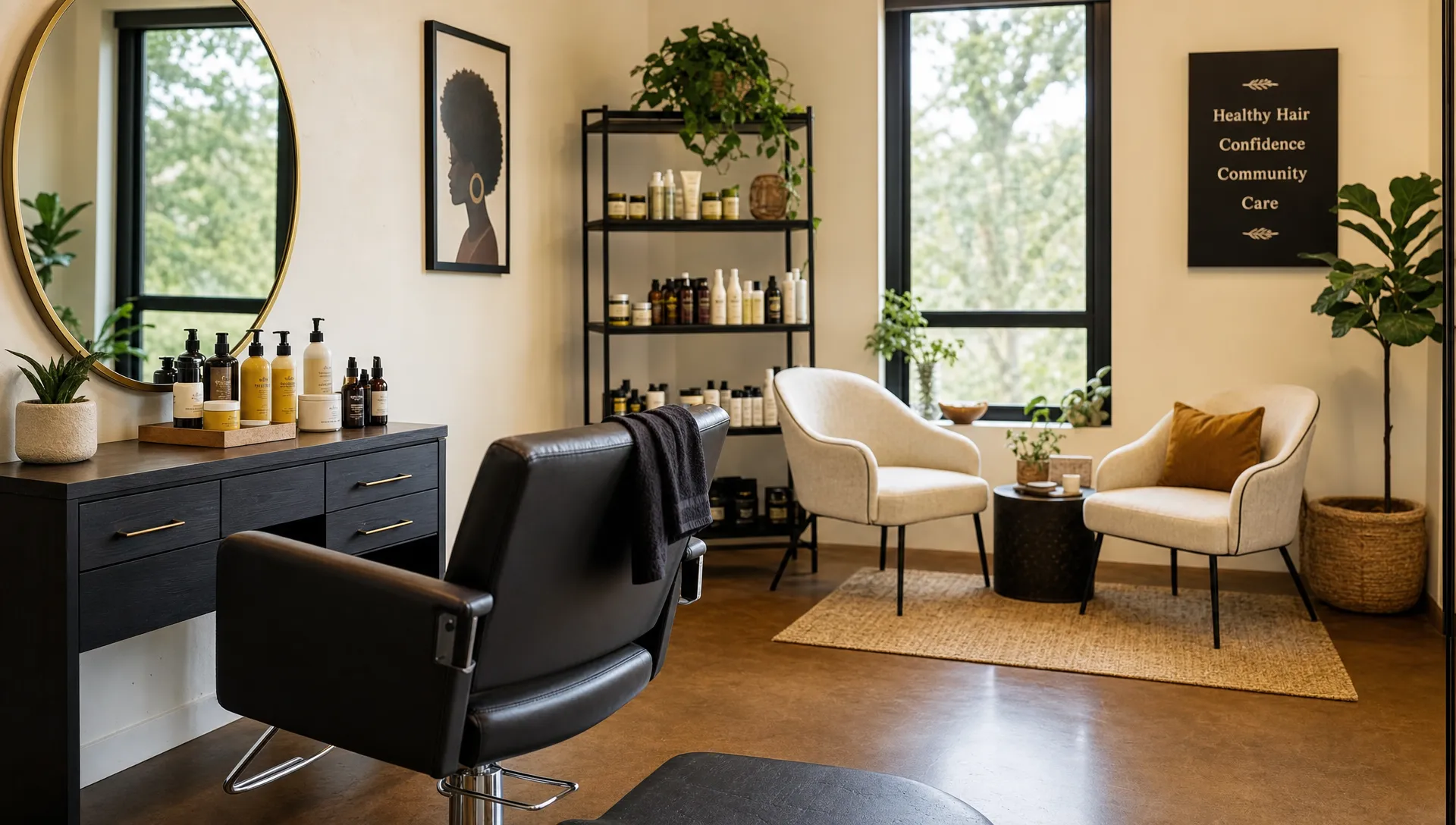 A welcoming natural hair studio with a clean styling chair, textured hair products on a station, and a calm space for supportive consultations.