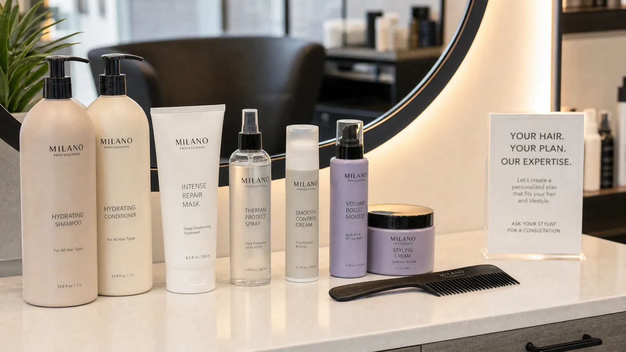 A salon counter with neatly arranged professional shampoos, conditioners, heat protectants, styling creams, and a wide-tooth comb beside a mirror, set up for a personalized hair consultation.
