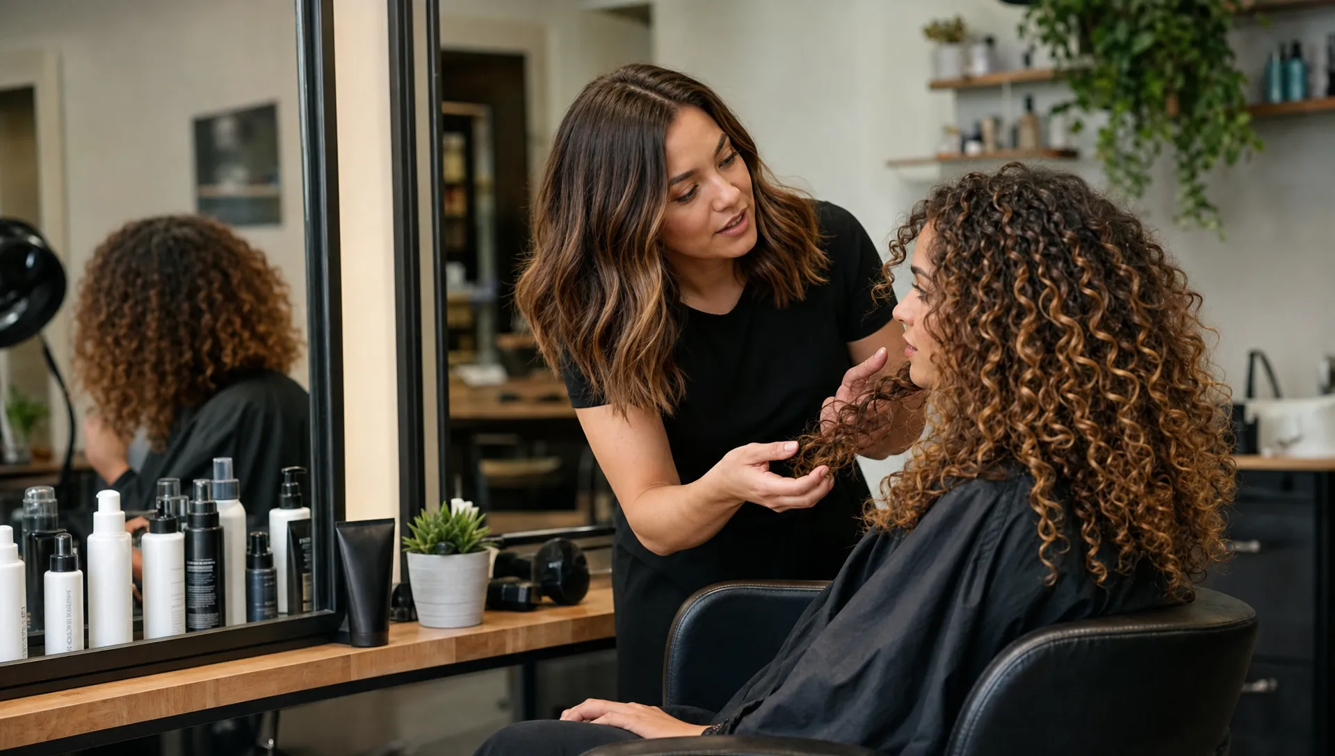 A stylist and client consult at a salon chair with a mirror, product station, and curls being discussed for texture care.
