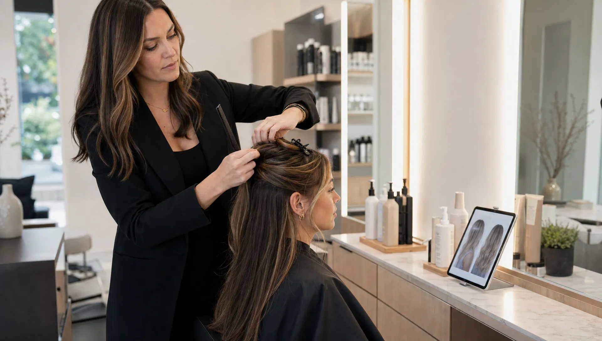 A professional hair stylist sectioning a client’s hair during a personalized consultation in a modern salon, with styling tools, conditioning products, and a calm beauty station nearby.